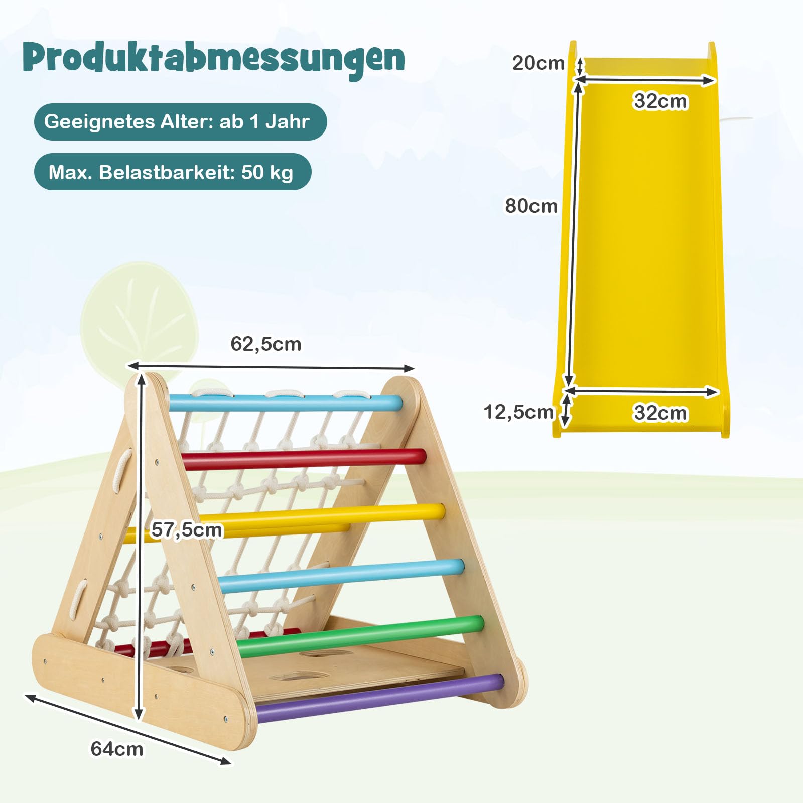 DREAMADE 4 IN 1 Kletterdreieck mit Rutsche und Kletternetz, Holzdreieck Kletterspielzeug aus Holz, Indoor Klettergerüst zum Rutschen und Klettern für Kinder ab 1 Jahr (Bunt)