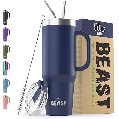 Beast 50 oz Tumbler with Handle Stainless Steel Vacuum Insulated Coffee Ice Cup Double Wall Travel Flask (Royal Blue)