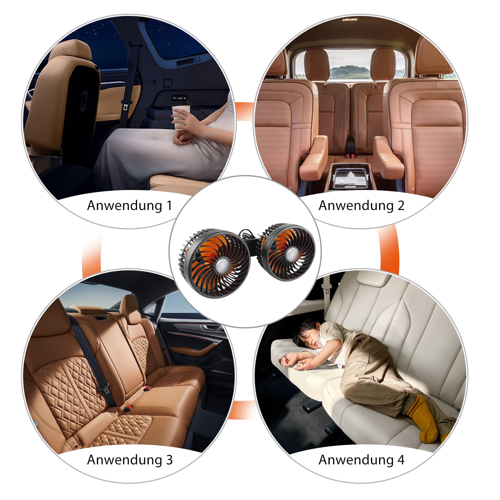 Ventilatore per auto, 12 V, per sedile posteriore, girevole a 360 gradi, ventola per auto a doppia testa, ventilatore per auto, mini ventilatore, portatile girevole a 360°, per veicoli come berlina,