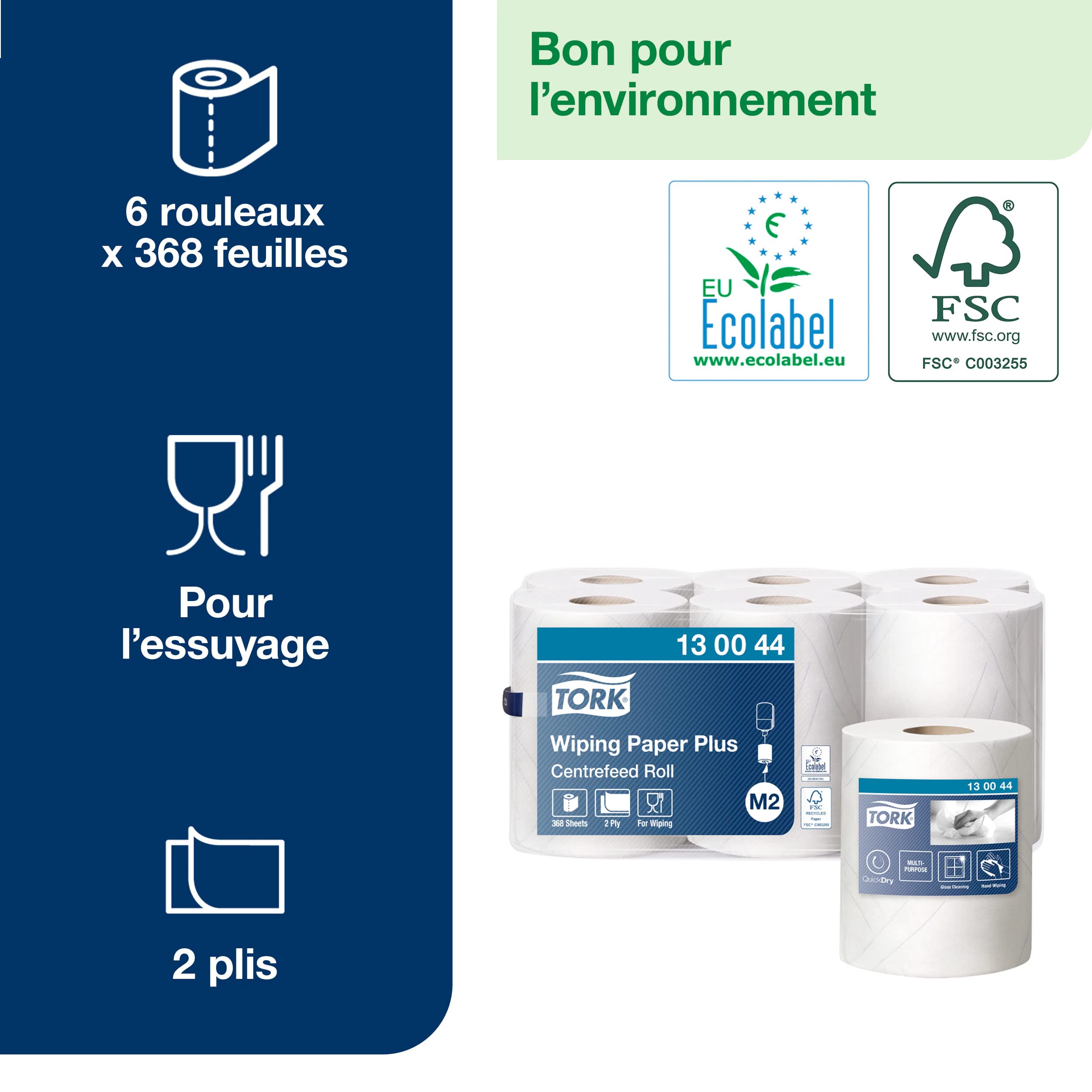 Tork Papier d'Essuyage Plus à Dévidage Central blanc M2, multi-usages, 6 x 368 feuilles, 130044