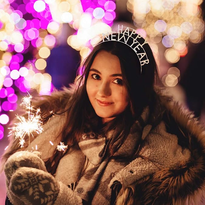 FRCOLOR Happy New Year Headband Tiara Rhinestone New Year Eve Hair Hoop Decorative Crystal Headwear Christmas Party Supplies for Women