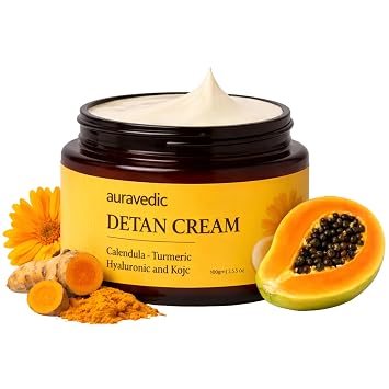 Auravedic De Tan Cream, Tan Removal Cream for Face | Niacinamide, Vitamin C | 3.52 Fl Oz, Turmeric, Hyaluronic Acid, Kojic Acid, Helps Reduce the Appearance of Sun Tan, Helps Improve Uneven Skin Tone