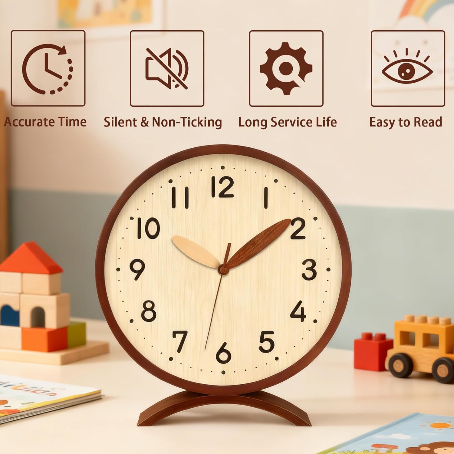 Maxspace Table Clock-8 Inch Silent Non-Ticking Wooden Timepiece Desk Clock, Battery Operated Decor Round Clock for Living Room Office Bedroom Decor (Walnut - Log)