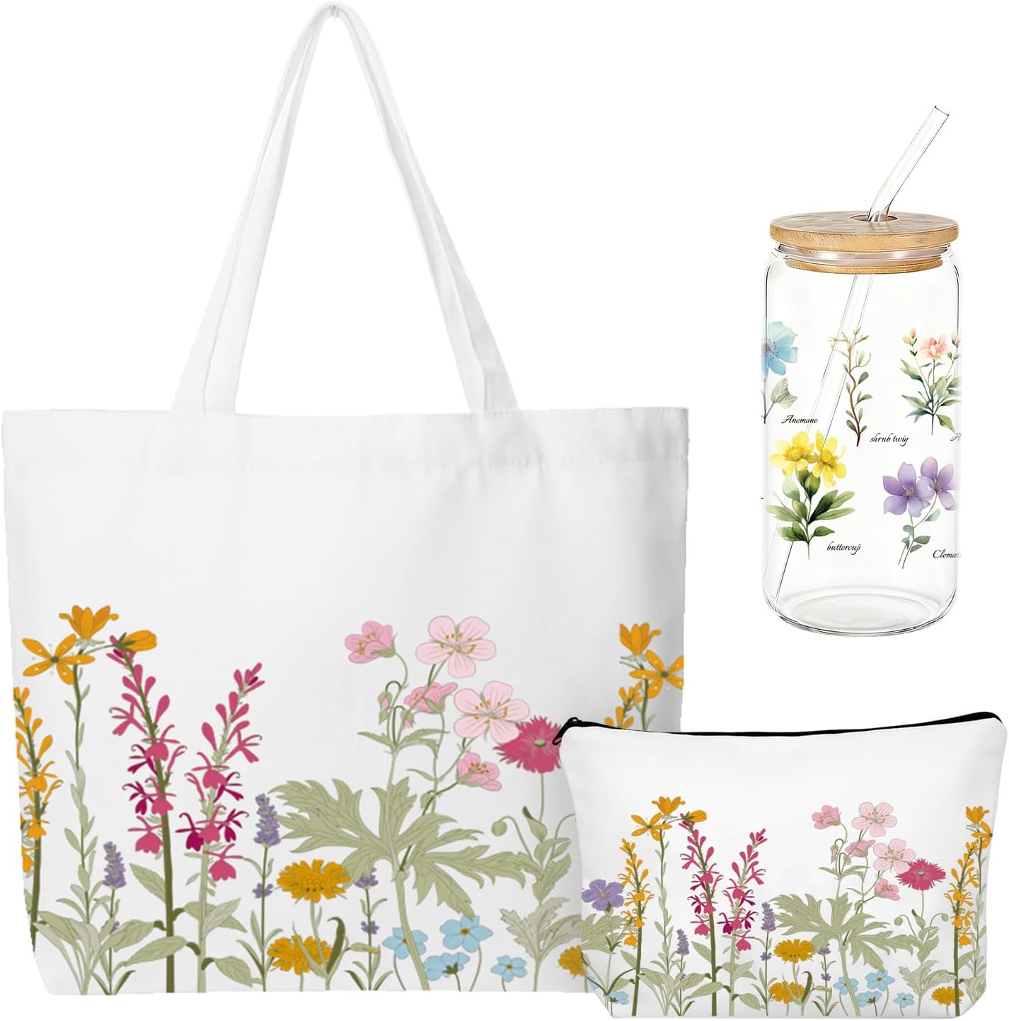 3 Pcs Gardening Gifts Floral Canvas Tote Bag 16 Oz Coffee Cup