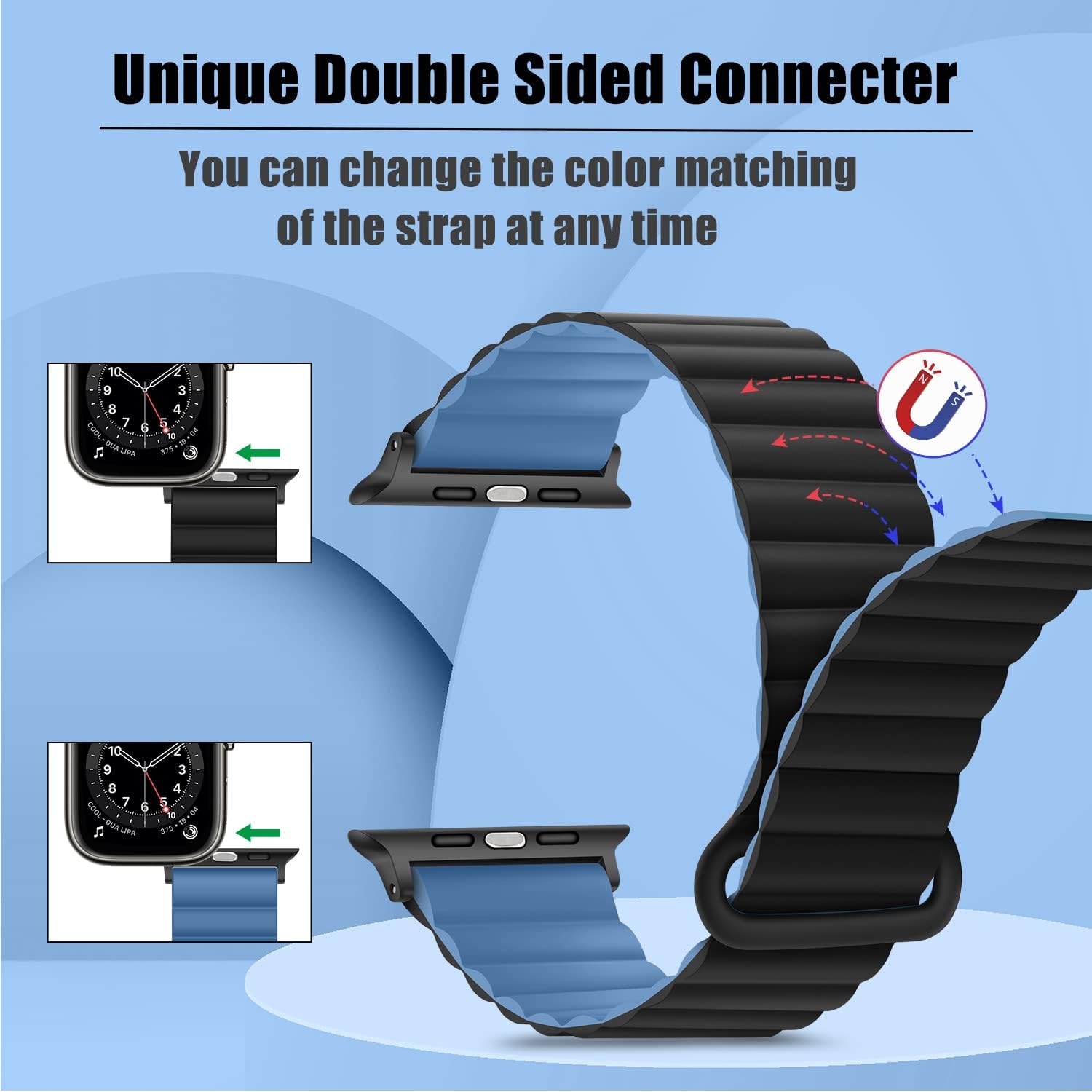 HITZEE Compatible with Apple Watch Band 49/46/45/44/42/41/40/38mm, Double Sided Silicone Magnetic Band Compatible for iWatch Ultra 3/2/1 Series 11 10 9 8 7 SE3 6 5-1 (38/40/41/42mm, Blue Black) - Image 3