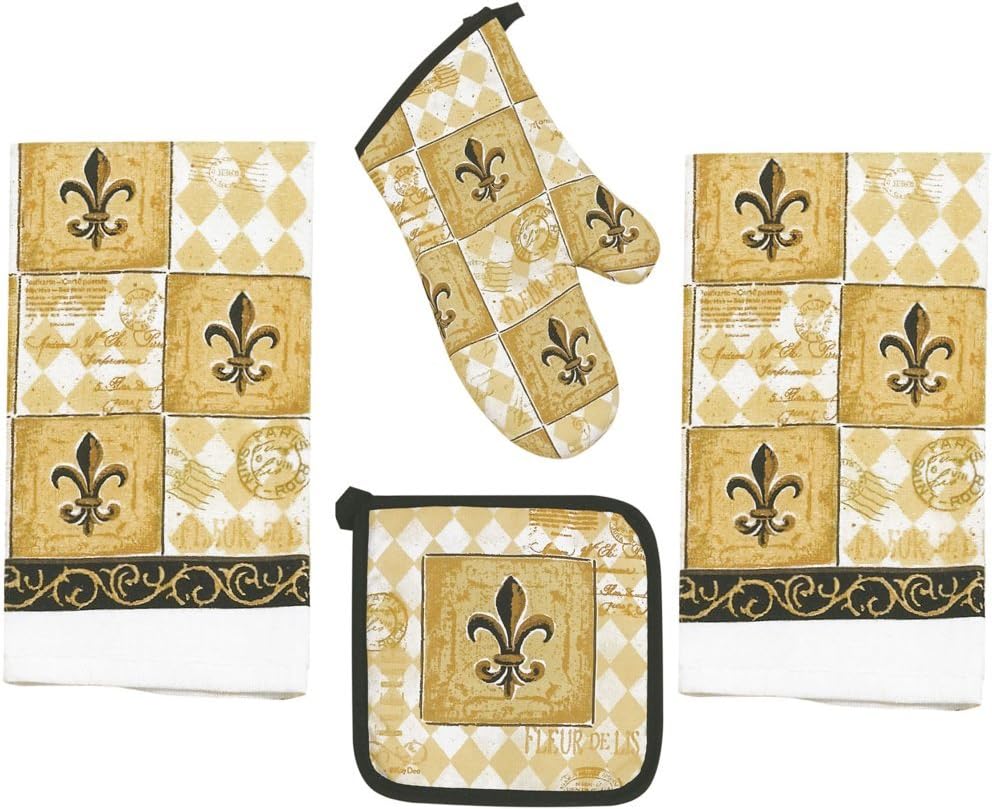 4 Piece Majestic Fleur De Lis Kitchen Set - 2 Terry Towels, Oven Mitt, Potholder