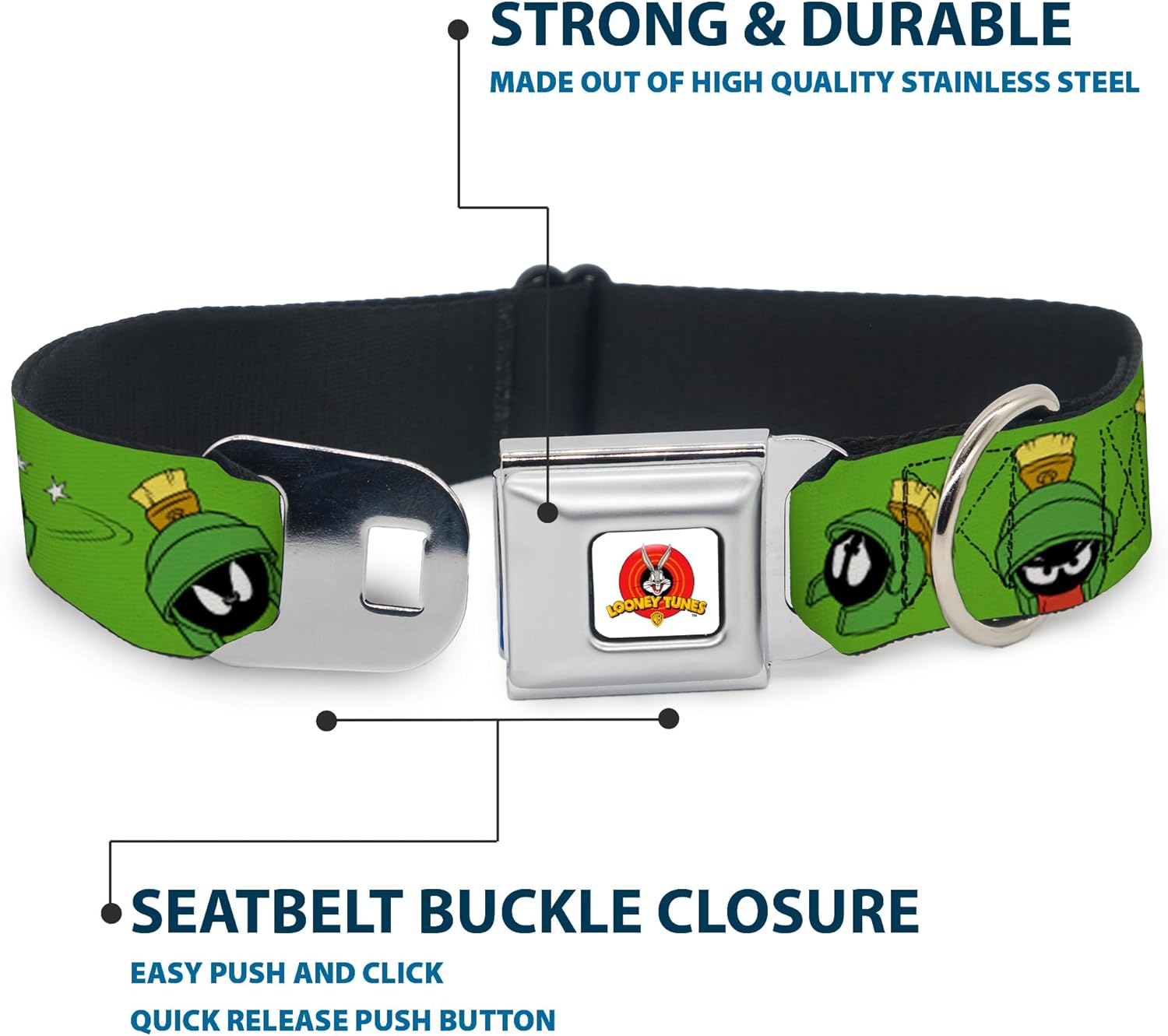 Dog Collar Seatbelt Buckle Marvin The Martian Poses Expressions Green 11 to 17 Inches 1.0 Inch Wide