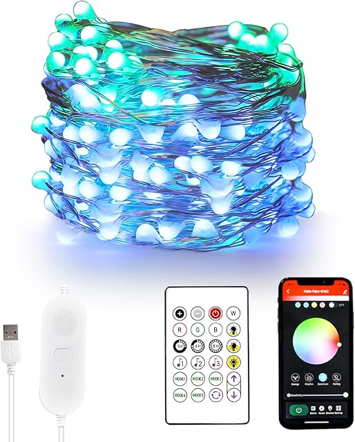 LED 10M Fairy String Lights, APP Control Christmas Twinkle Light IP65 Waterproof Music Sync, Plug in Fairy Lights, USB Powered Colour Changing Decoration Lights,16 Static Colors+Dream Colors