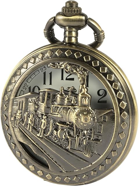 SIBOSUN Bronze 3D Steam Train Design Half Hunter Pocket Watch with Chain Quartz Movement for Men Women
