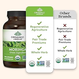 ORGANIC INDIA Moringa Capsules Organic - Moringa Supplement - Green Superfood, Pure Supergreen, Vegan Greens, Nature\'s Multivitamin, Vegan, Gluten-Free - 180 Capsules