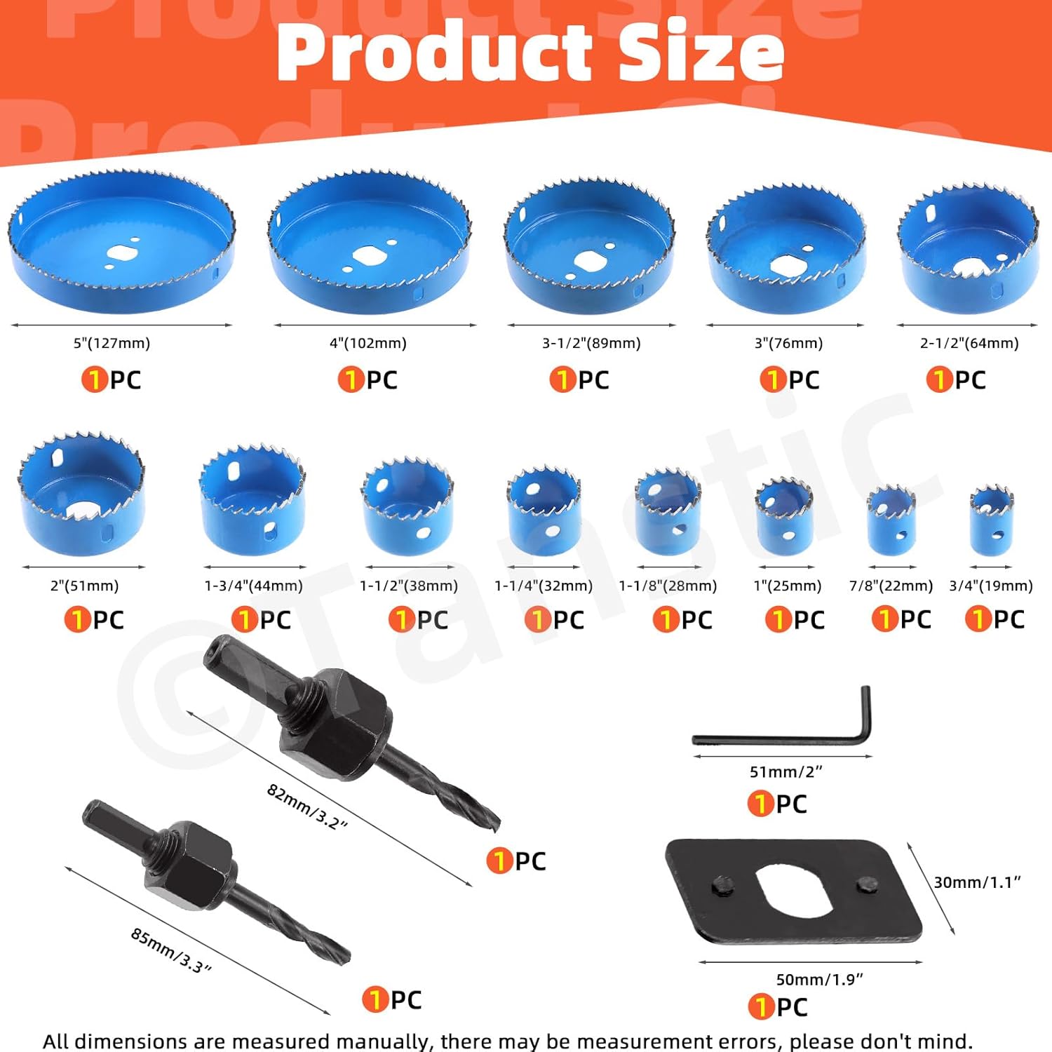 Tanstic 13Pcs Hole Saw Set, Hole Saw Kit with 3/4" to 5" Saw Blades, Drill Bits, Mandrels, Hex Key, Installation Plate and Storage Case for Soft Wood, Plywood, PVC