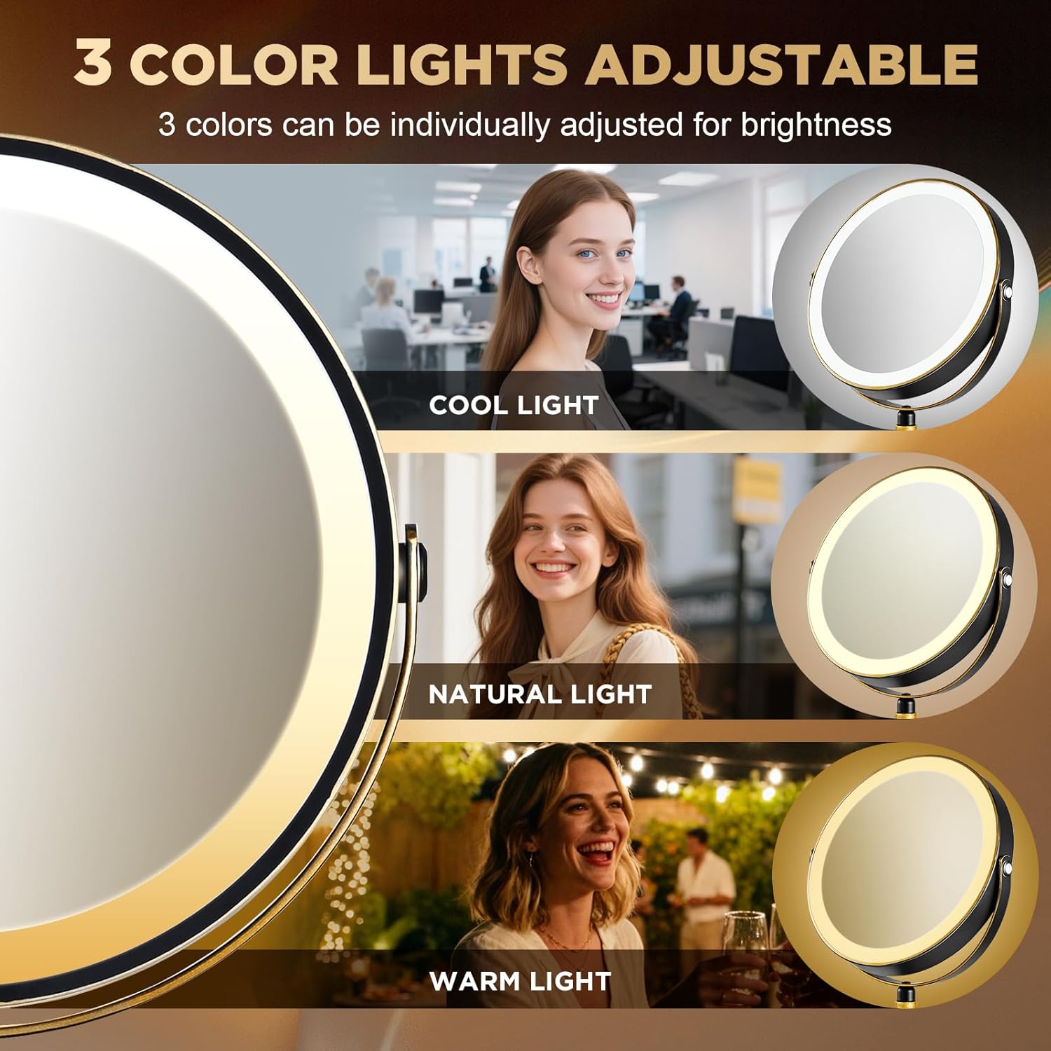 Lighted Makeup Mirror, 20x Magnifying Rechargeable Double Side Vanity Mirror, 3 Color Lights with Brightness Adjustable, Matte Black with Gold Trim, Modern Style Side Touch + Side Charge, Women Gift
