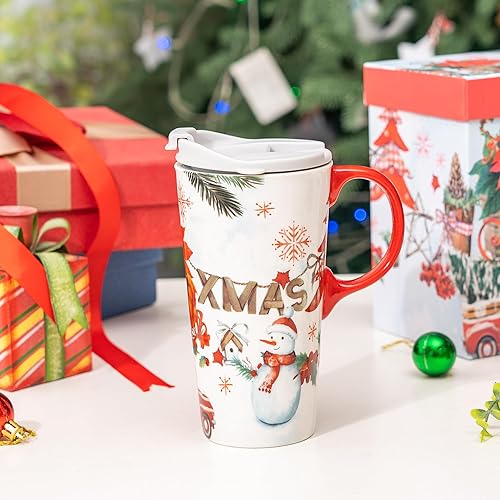 Miniatura 2 de TZSSP Taza de cerámica de café taza de Navidad Taza de té de porcelana con tapa en caja 17oz., Navidad