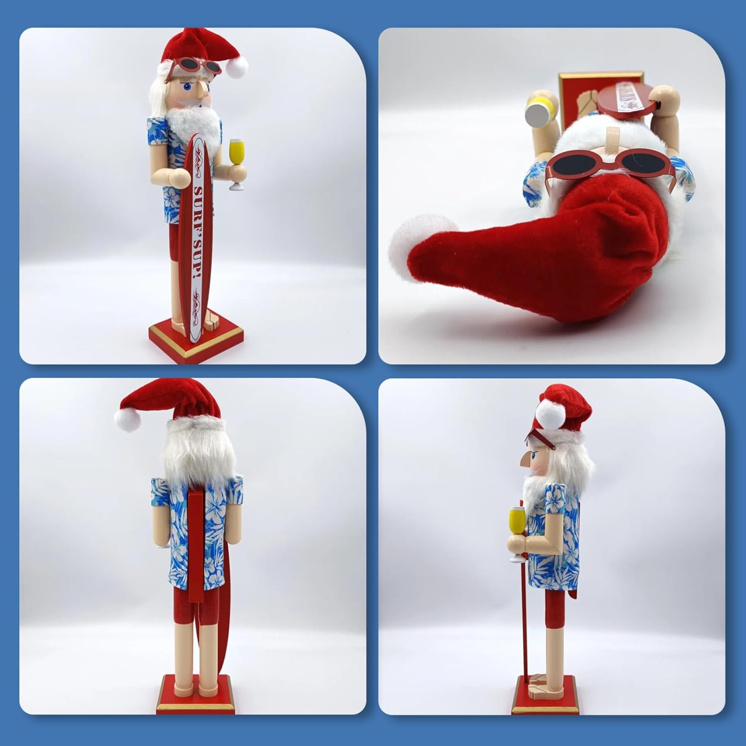 Santa Nutcracker Figures Traditional Wooden Nutcracker, Hawaiian Surfer Santa, Summer-Themed Christmas Decor for Tables and Shelves, Style 1.