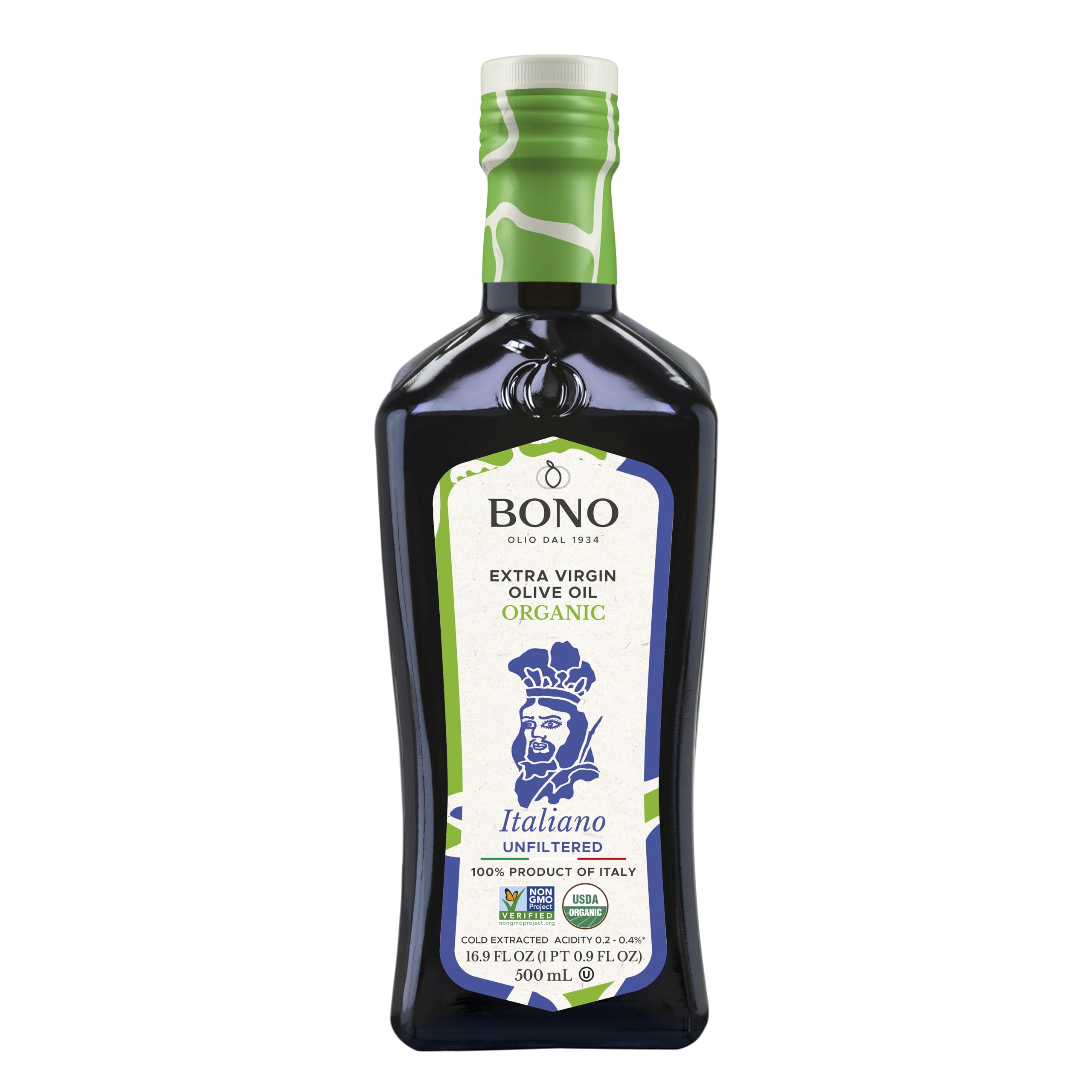 BONO Organic Italian Unfiltered Extra Virgin Olive Oil, 16.9 Fl Oz – Cold Extracted EVOO – Biancolilla, Cerasuola, Carolea & Coratina Olives – USDA Organic & Non-GMO Project Verified