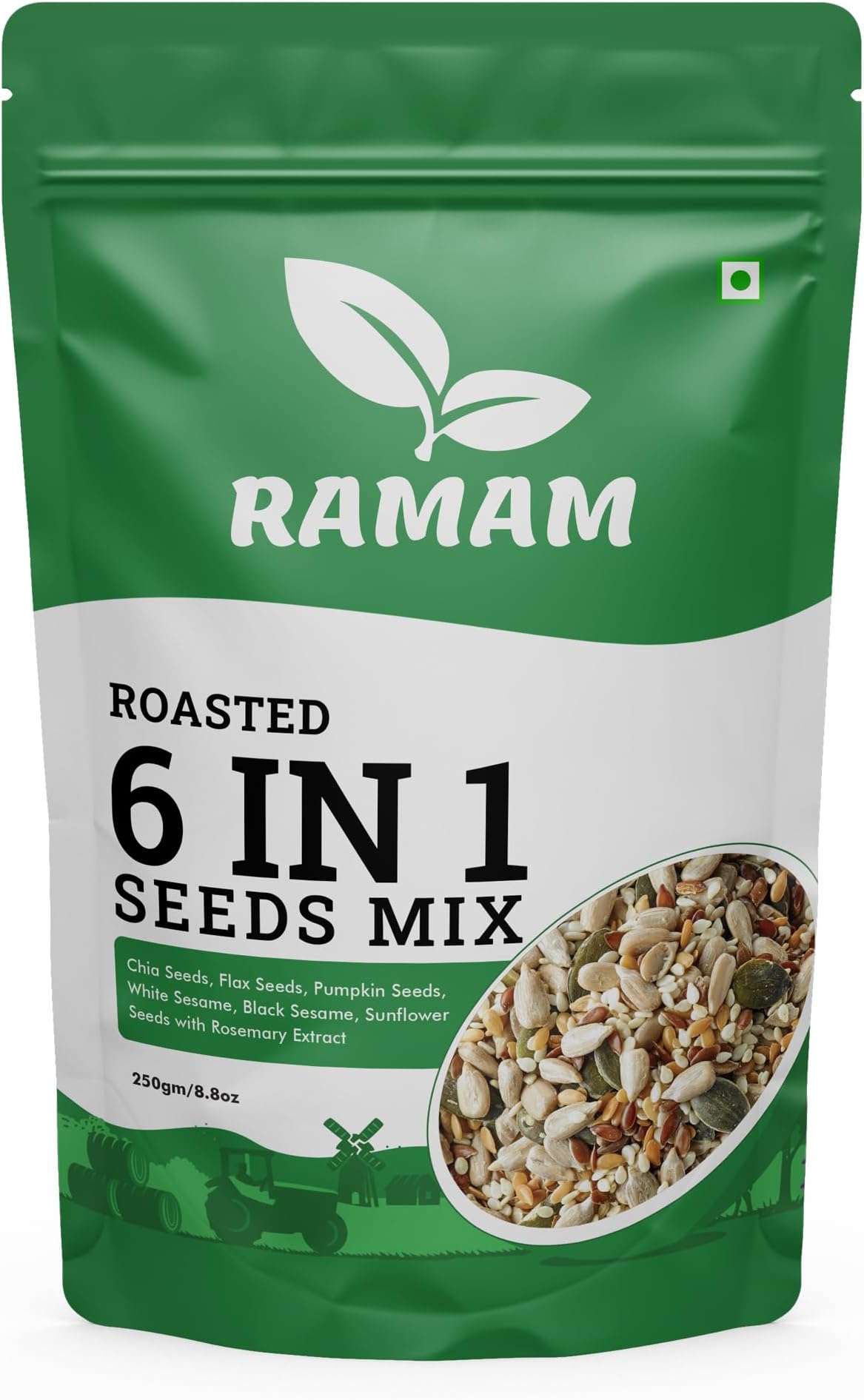 Ramam Premium 6-in-1 Super Seeds Mix | Roasted & Ready-to-Eat | Chia, Flax, Pumpkin, Sunflower, White & Black Sesame | High Protein & Fiber | Healthy Snack & Topping | 250g Pack