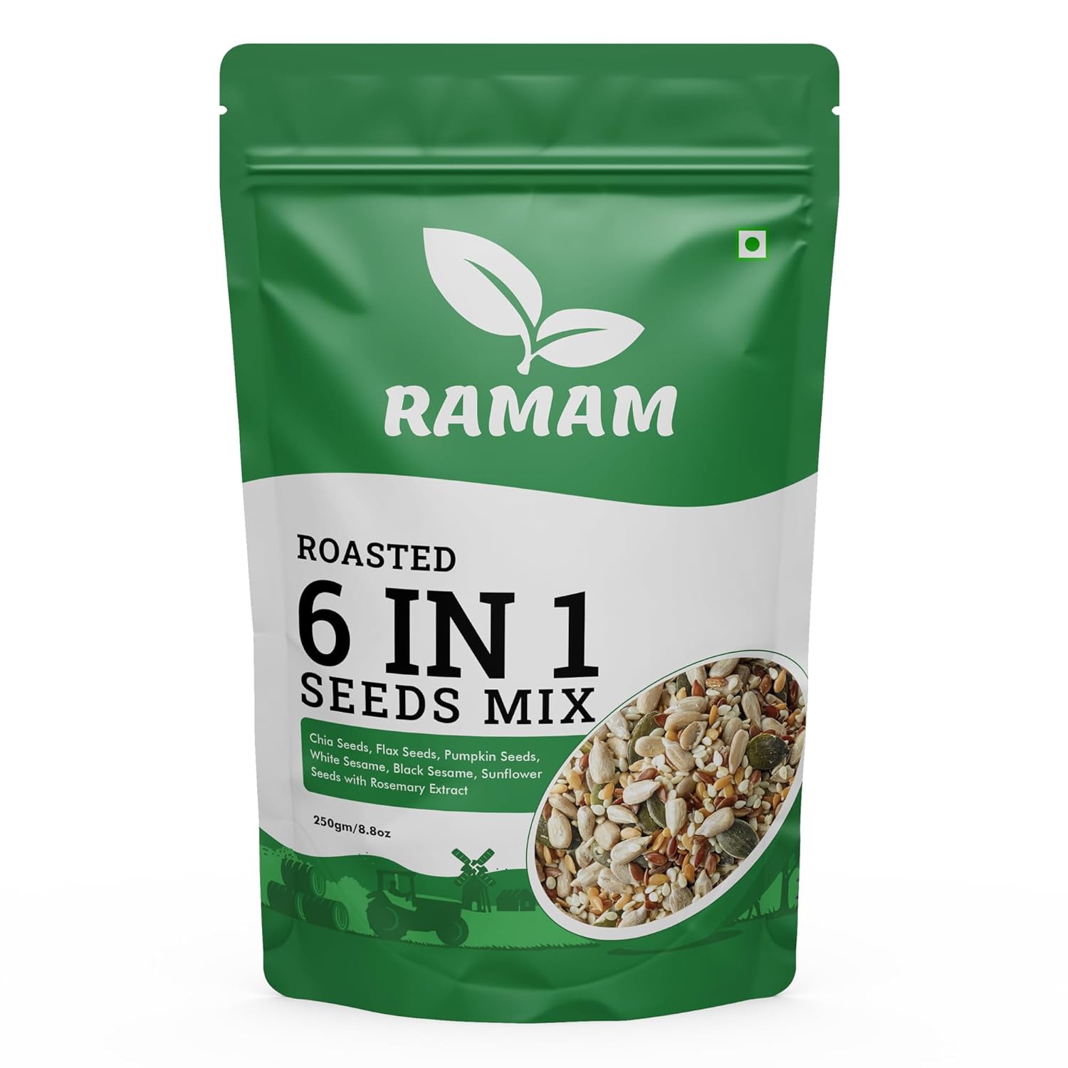 Ramam Premium 6-in-1 Super Seeds Mix | Roasted & Ready-to-Eat | Chia, Flax, Pumpkin, Sunflower, White & Black Sesame | High Protein & Fiber | Healthy Snack & Topping | 250g Pack
