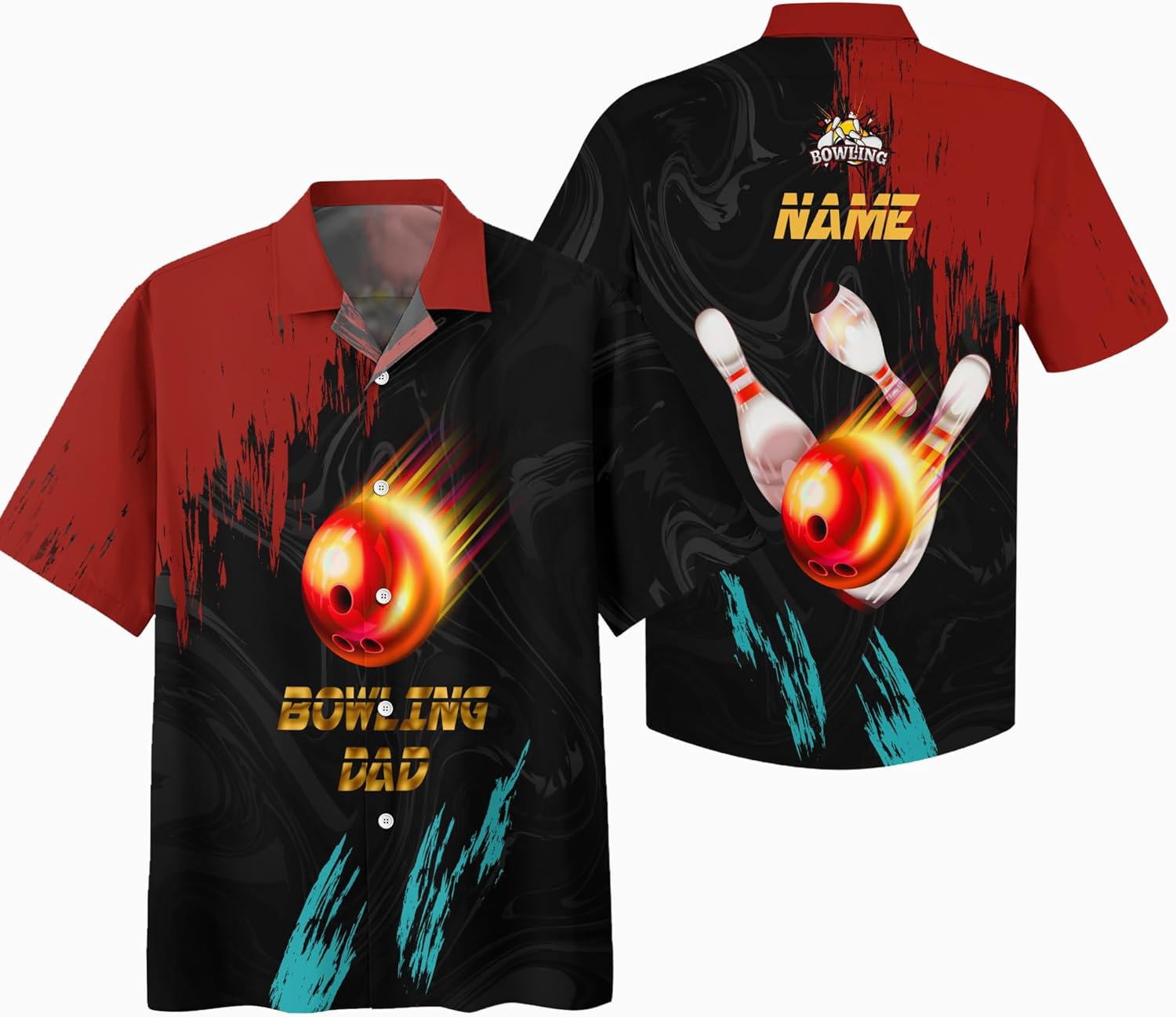 Customizable Bowling Lover Hawaii 3D Bowling Dad Button Up Shirt with Colorful Paint Smears Pattern Graphic On it for Bowler