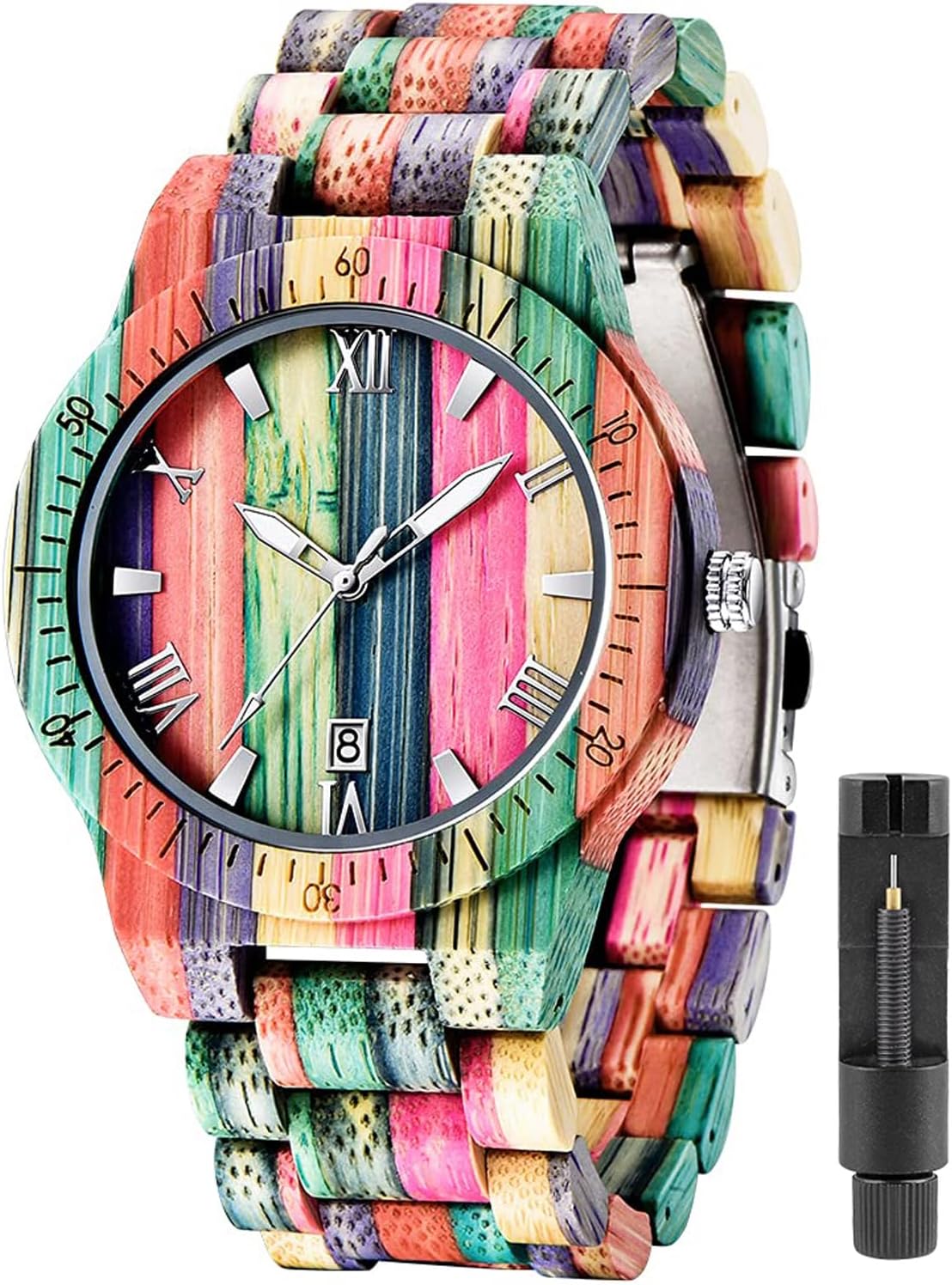 Tiong Wooden Watches for Women Men Inverted Geometric Zebra Wood Watch Unique Elegant Quartz Wooden Wrist Watch Hand-Made with Bamboo Bracelet Unisex