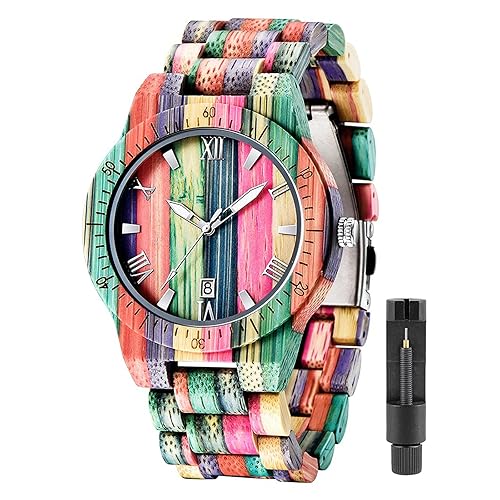 Tiong Brand Wooden Watches Mens with Handmade Colorful Bamboo Wood