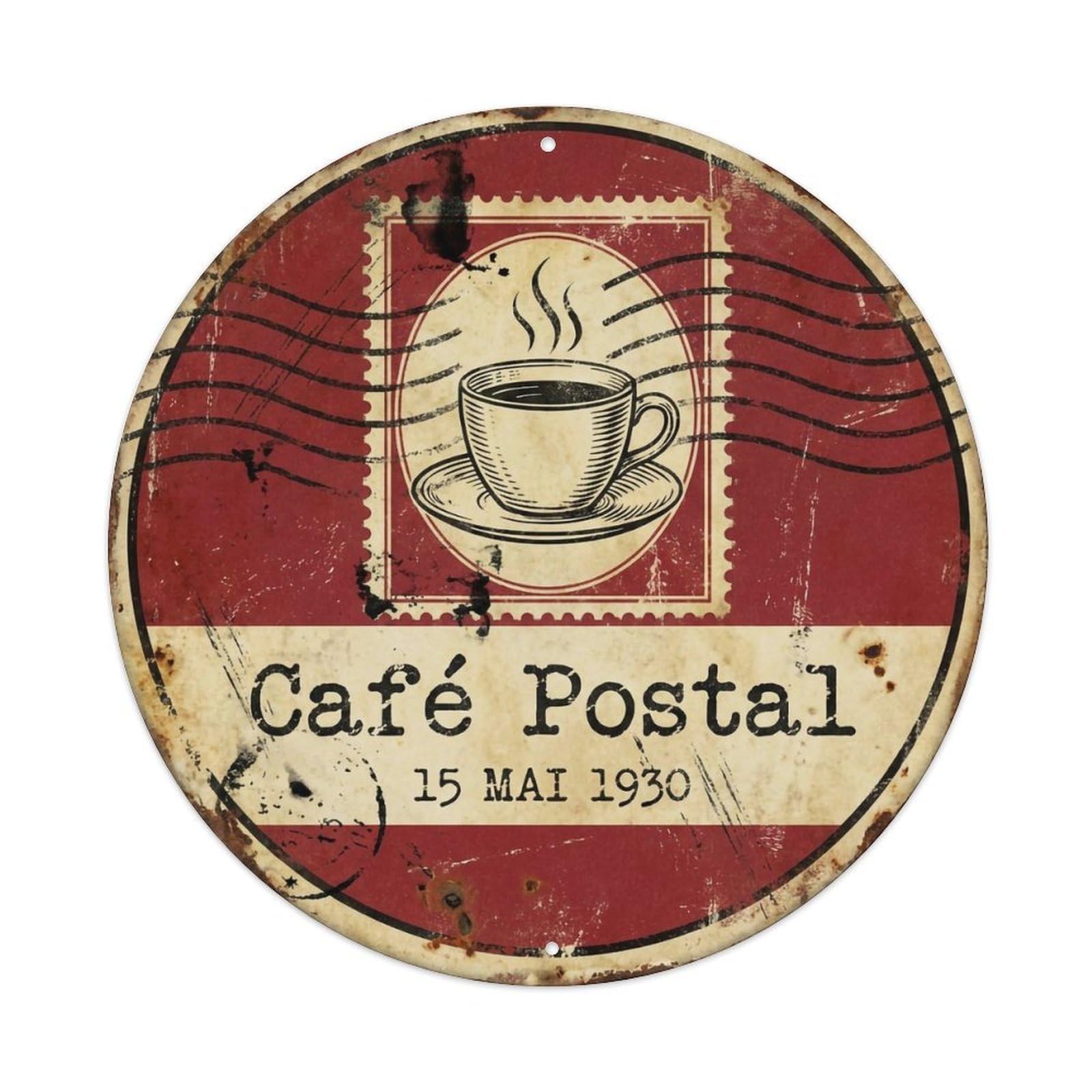 Stamp Postmark Bistro Cafe Metal Tin Sign Plaque Wall Decor for Cafe, Club, Garden Round Metal Poster 8x8Inch