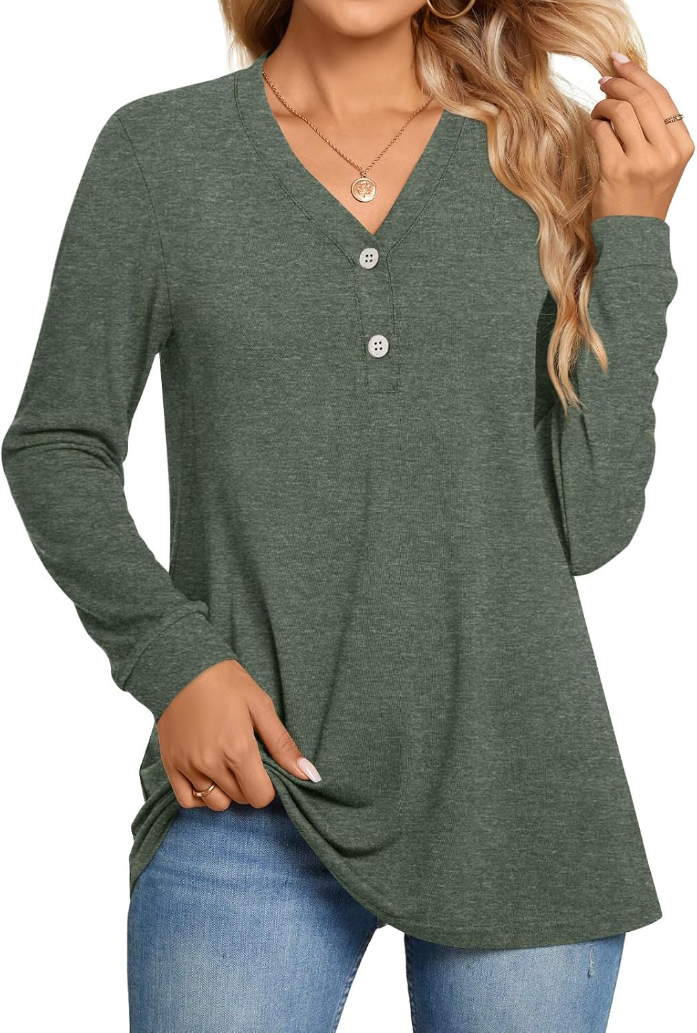 BISHUIGE Womens Button Up T-Shirts Long Sleeve Henley Tunic Tops V-Neck Casual Sweatshirt