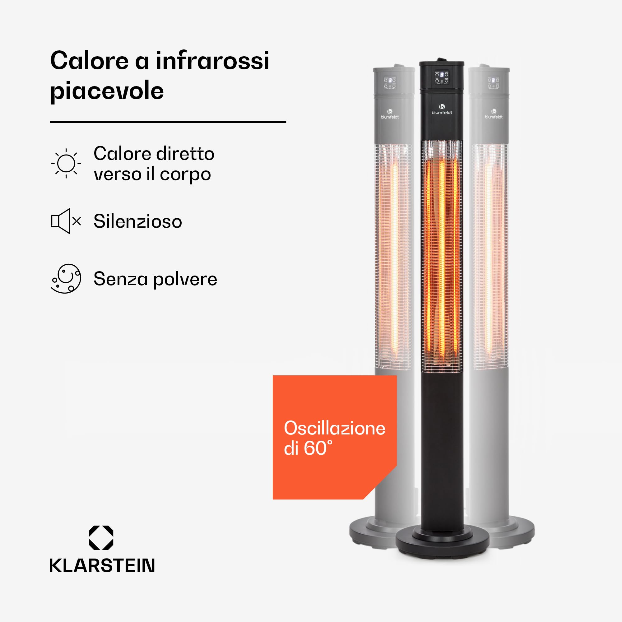 Klarstein Stufa Elettrica Basso Consumo, Colonnina Elettrica per Interno ed Esterno 2000W, Termosifone Elettrico, Pannello Radiante Infrarossi, Stufetta Con Oscillazione, IP44, No CO2