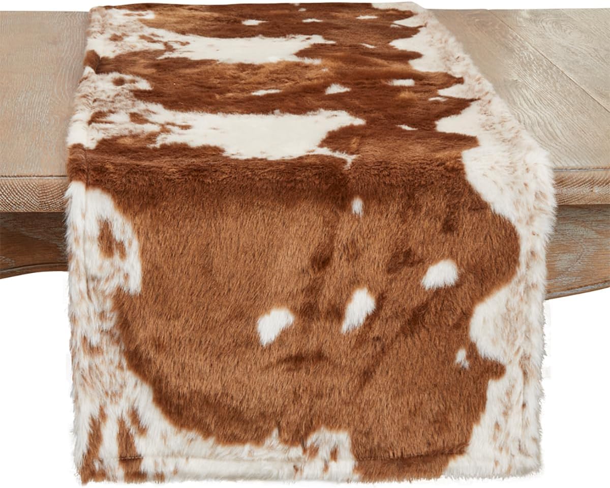 Fennco Styles Rustic Faux Fur Cowhide Table Runner 16 x 54 Inch – Brown Table Runner for Banquets, Family Gathering, Special Events, and Home Décor
