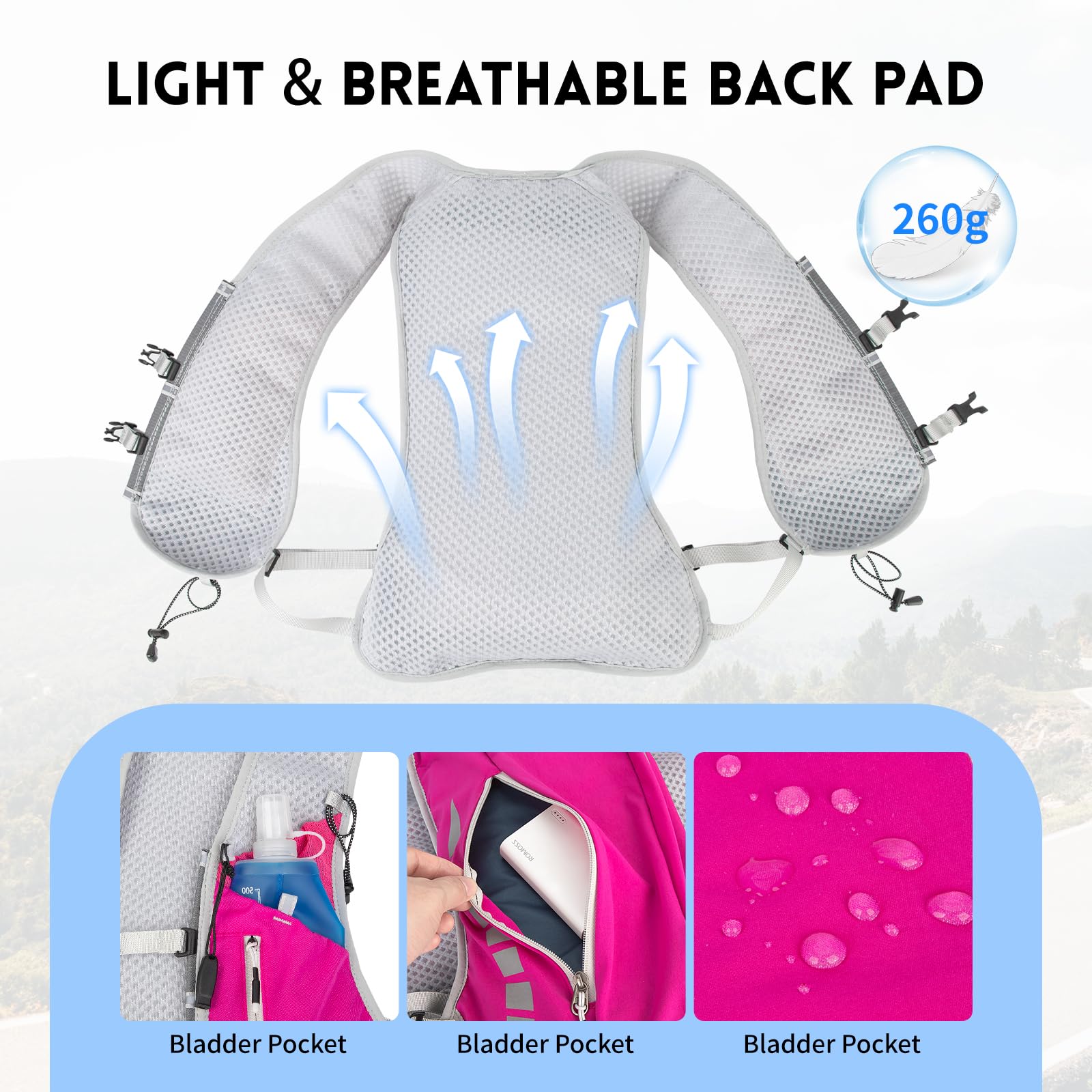 Expansea Zaino da Corsa 7L, Super Leggero Zaino Uomo & Donna, Tasche Multiple, Running Vest With Borraccia Morbida 500ml per Ciclismo, Maratona,Corsa, Arrampicata e Altri Sport All'Aria Aperta