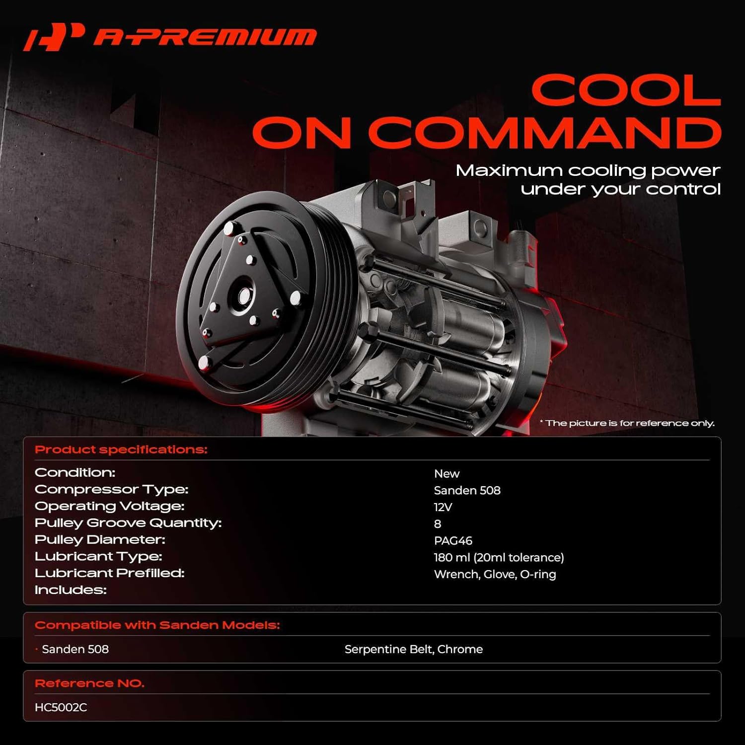 A-Premium Air Conditioner AC Compressor with Clutch Compatible with Sanden 508, 8-Groove Belt, Chromed