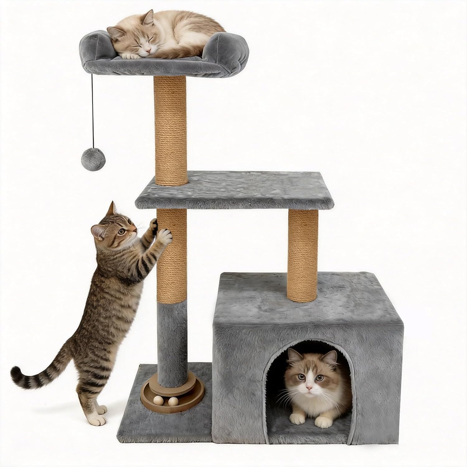 Small Cat Tree for Indoor Cats, Activity Cat Tower with Scratching Post for Kittens, Modern Cat Furniture with Basket & Hanging Ball for Play Rest, Grey