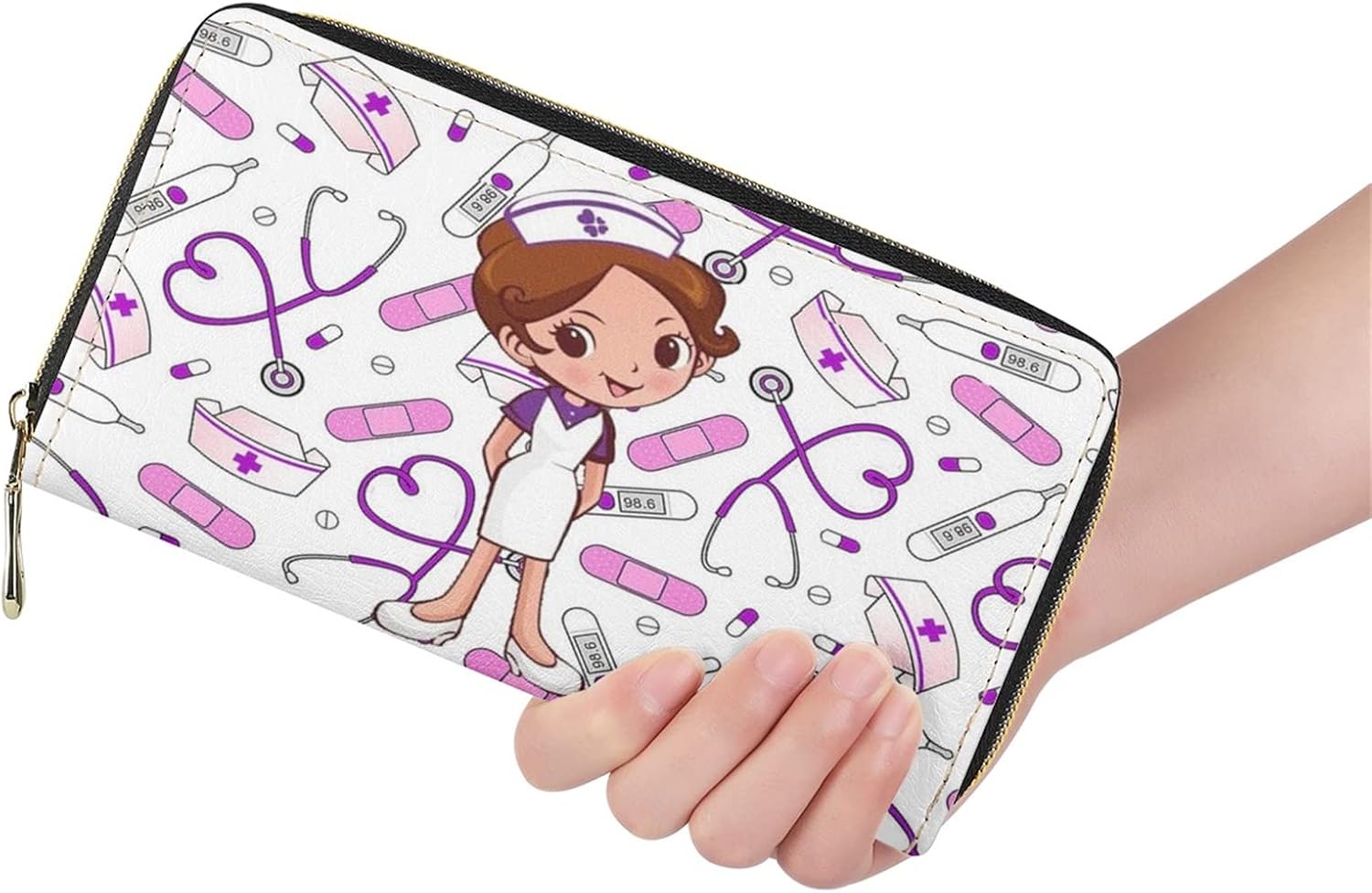 Dolyues Women Long Pu Leather Zipper Large Capacity Wallet Purse Credit Card Holder Money Organisers Cash Bags Cartoon Nurse Pattern - Image 5