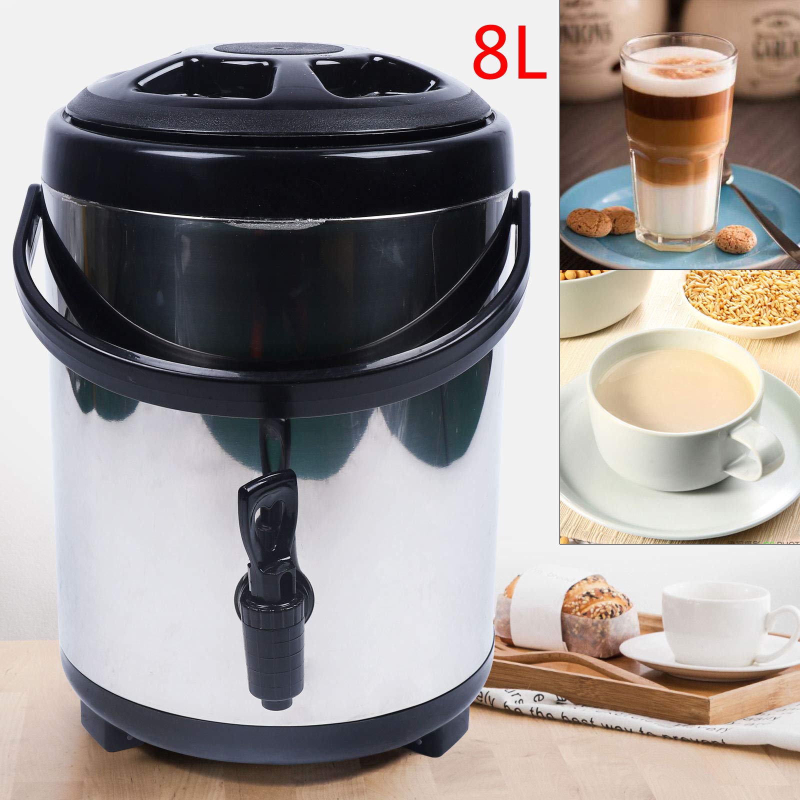 Distributore di bevande isolato in acciaio inox con doppio isolamento, coperchio e rubinetto, ideale per bevande calde e fredde, caffè, tè, acqua, latte e zuppe
