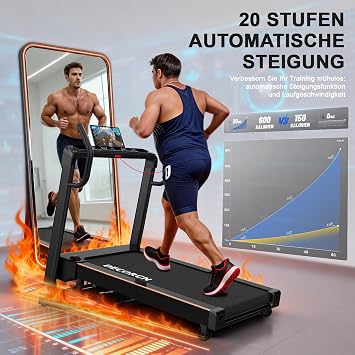 Treadmill for Home - 4.5 HP up to 16 km/h. Professional Large Running Surface Treadmill Foldable 20 Inclination Levels Quiet Walking Pad with Bluetooth up to 150 kg - Ideal for Marathon