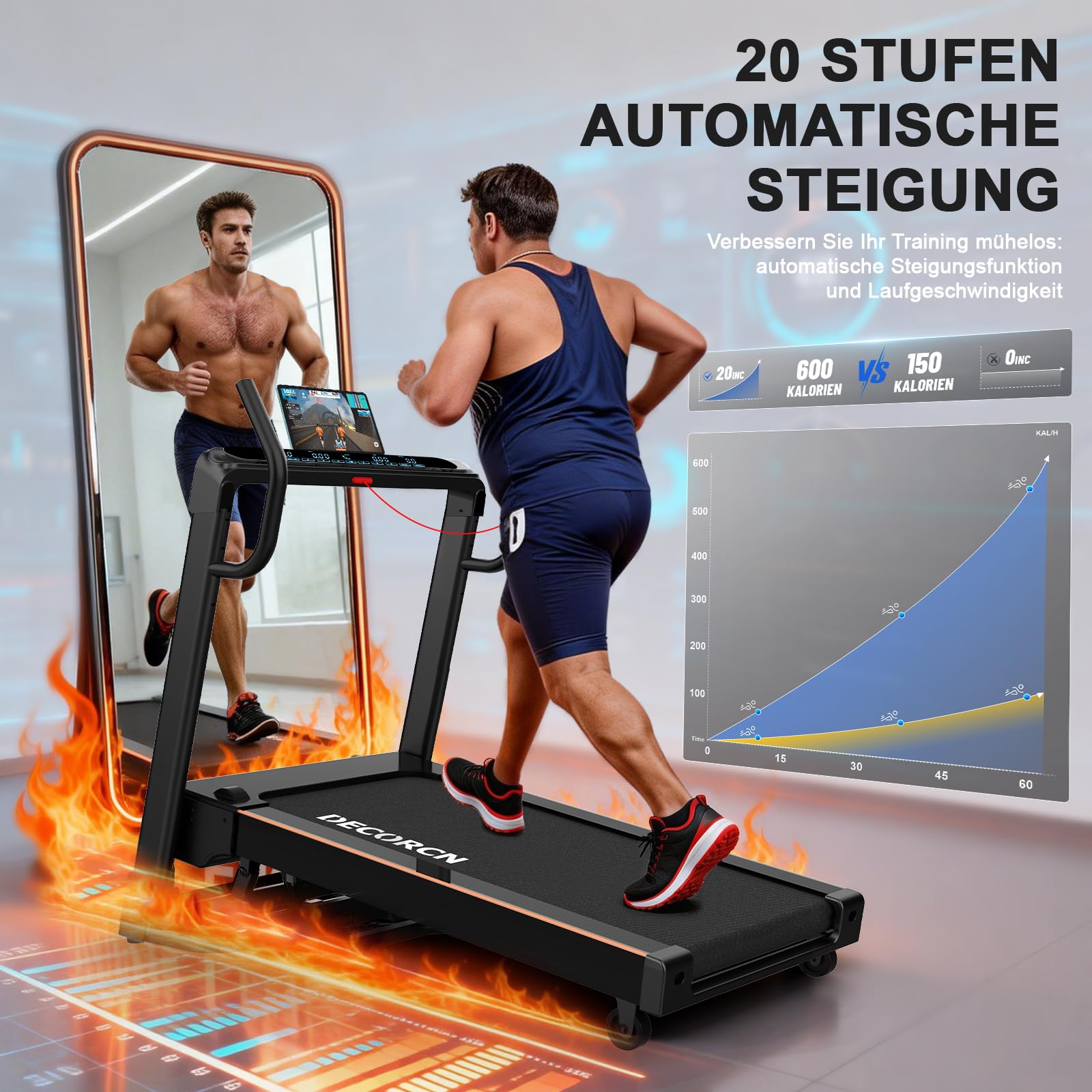 Laufband für Zuhause - 4,5 PS, bis 16 km/h. Profi Große Lauffläche Laufband Klappbar, 20 Neigungsstufen Leise Walking Pad mit Bluetooth, bis 150KG – Ideal für Marathon-Training