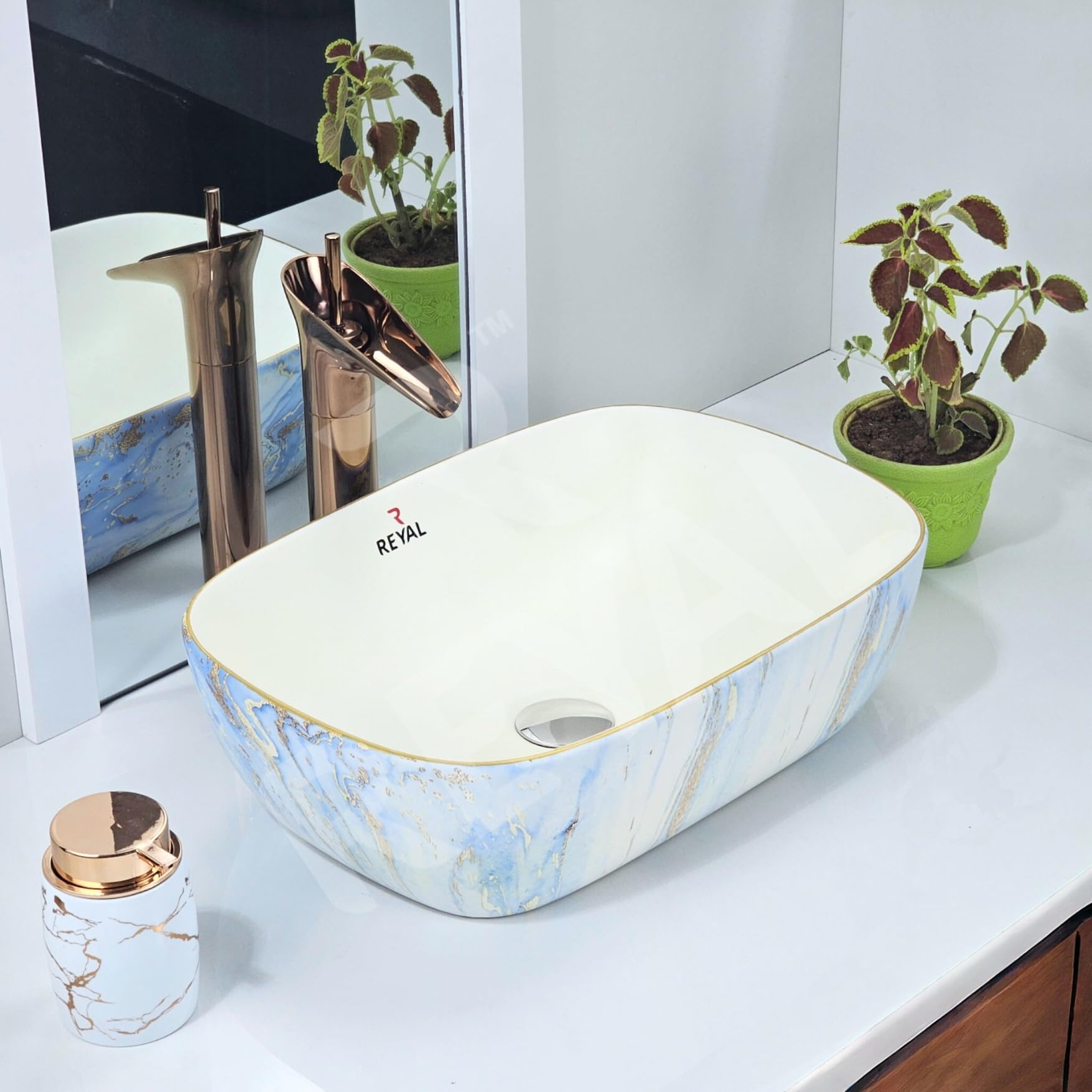 Reyal Wash Basin for Bathroom (430X330X135mm) Ceramic Wash Basin/Counter Top Vessel Sink/Tabletop Basin (WHITE-SKY)