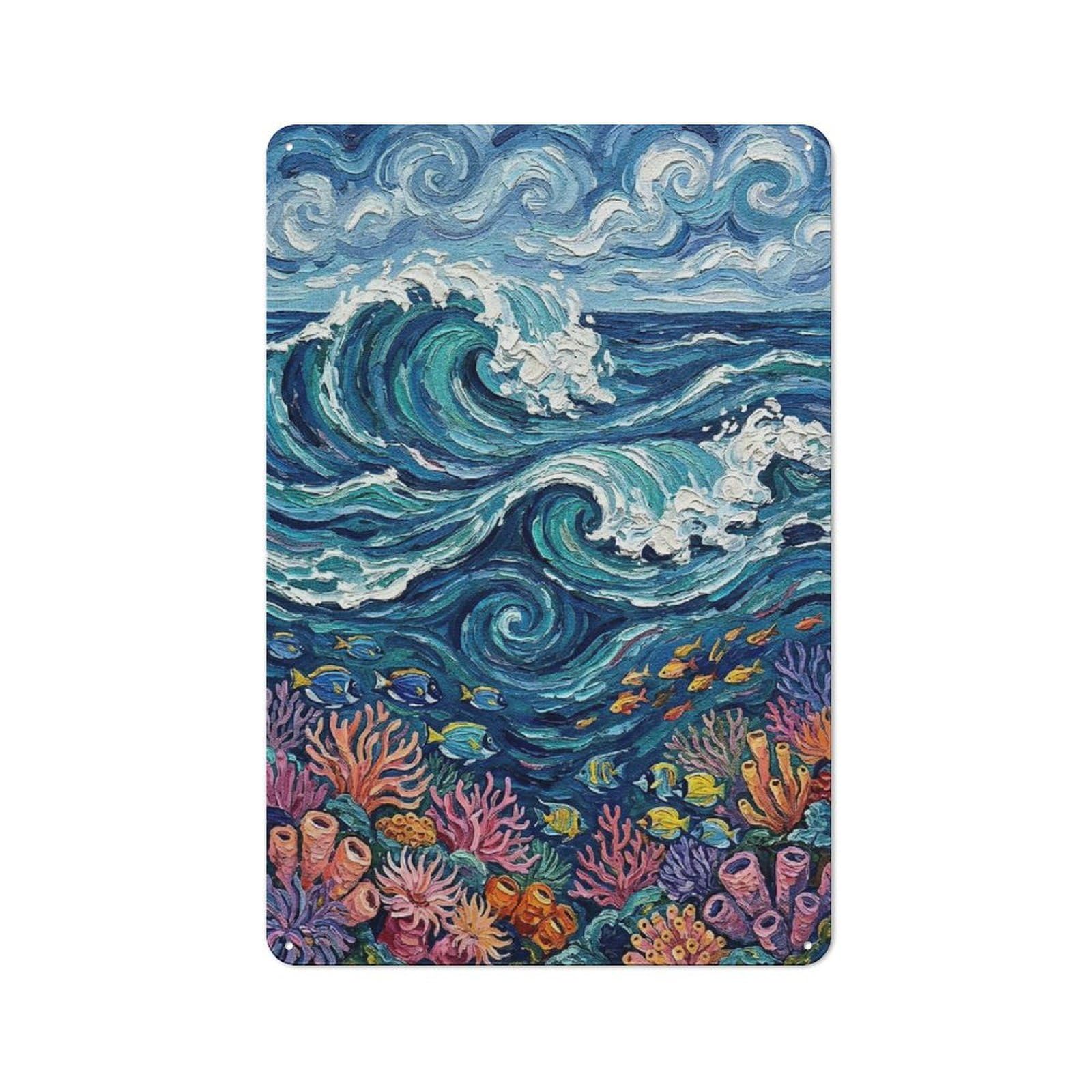 Junmoney Style-23 Vintage Ocean Wave And Coral Reef Painting Vintage Metal Sign 30X20cm, Restaurant Wall Art For Takeaway, Bar, Kitchen Or Counter Area