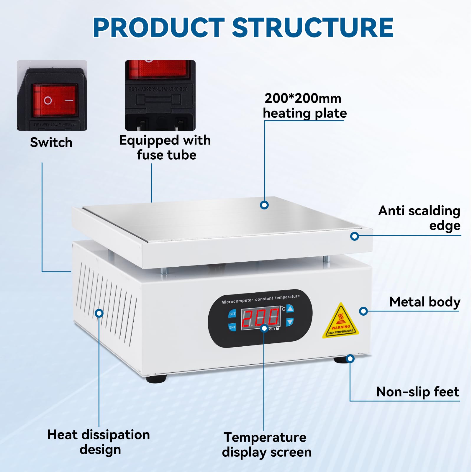 YUCHENGTECH Lötstation Heizplatte 200x200mm Lötheizplatte 700W LCD Elektronische Heizplatte für Elektronische Reparatur, Heimwerker, Labor 0-400℃ Einstellbar