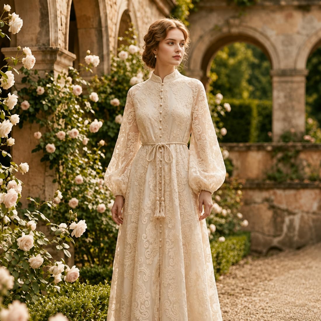 Vestido Largo de Mujer Escote en V Encaje Floral Bordado Vintage Mangas Farol Vestido Largo romántico Boho Mangas abullonadas línea A Fluido Vestido invitada Boda Fiesta