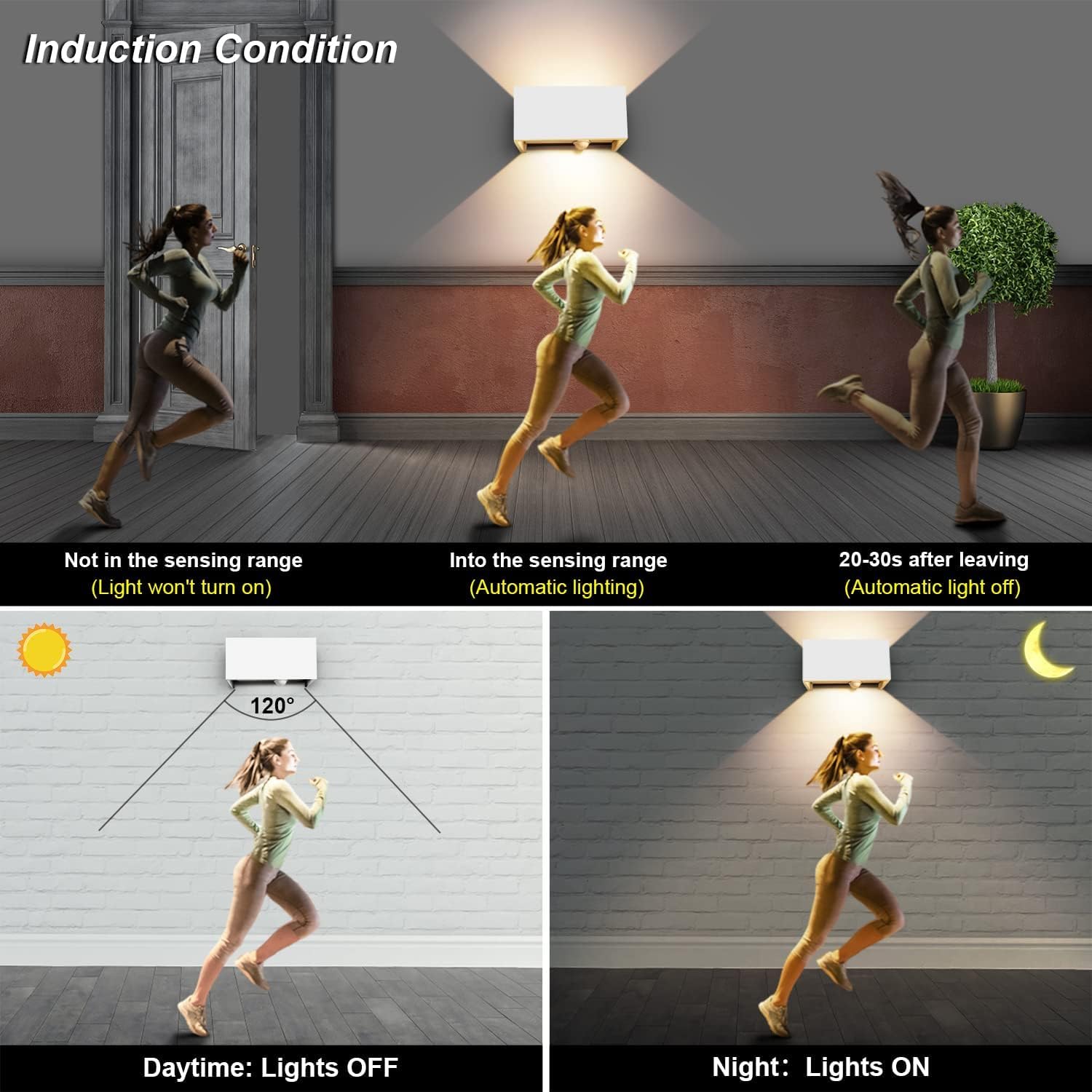 Kingwei 4 Piezas 20W LED Aplique de Pared Exterior Con Detector de Movimiento 3000K Luz Blanca Cálida Luminaria Exterior de Pared IP65 Lámpara de Pared Con Ángulo de Haz Ajustable Diseño Arriba Abajo