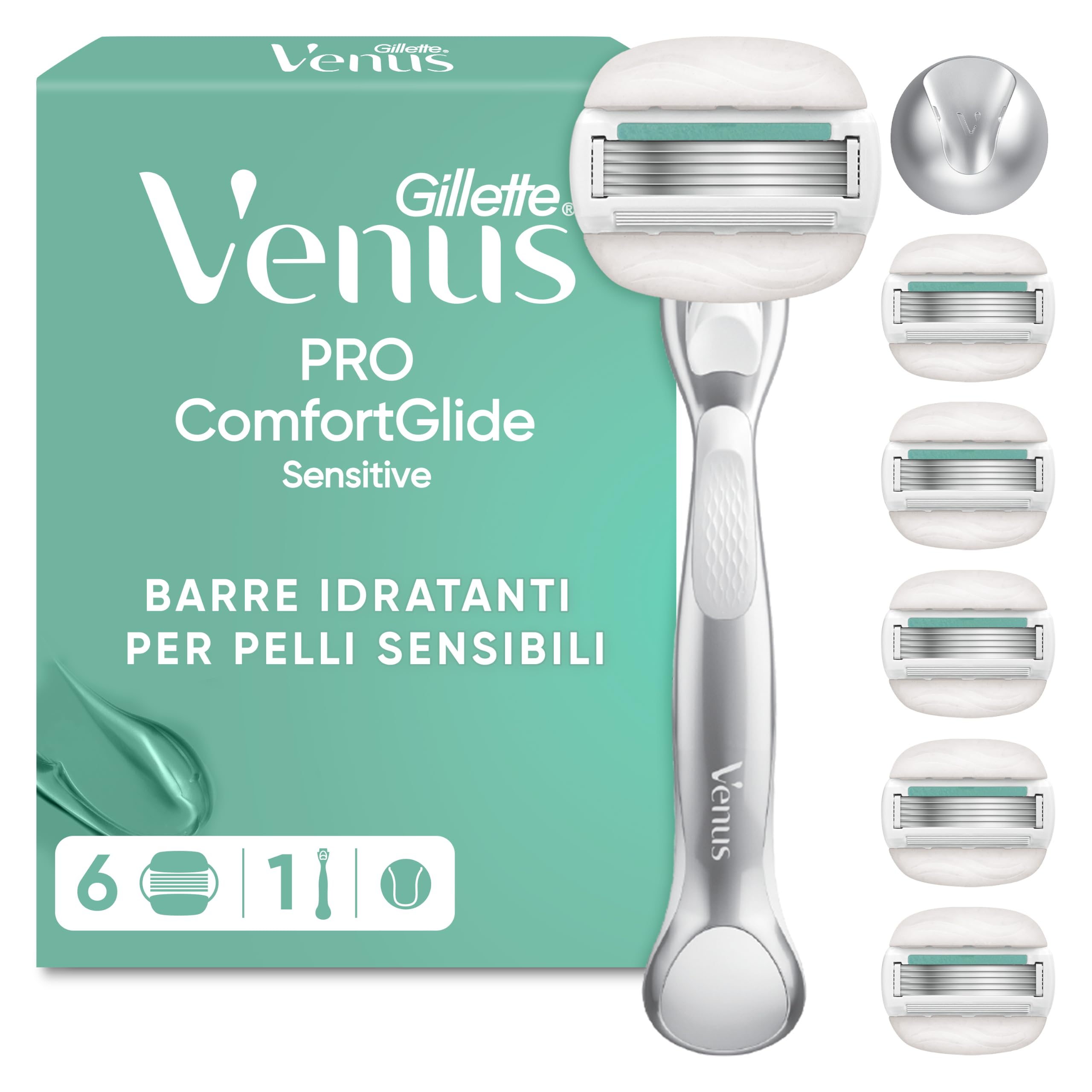 Gillette Venus Comfortglide Sensitive Maquinilla de Afeitar para Mujer, 1 Mango de Metal Y 6 Cuchillas de Recambio, Depilación Suave, Bandas Lubricantes con Aloe