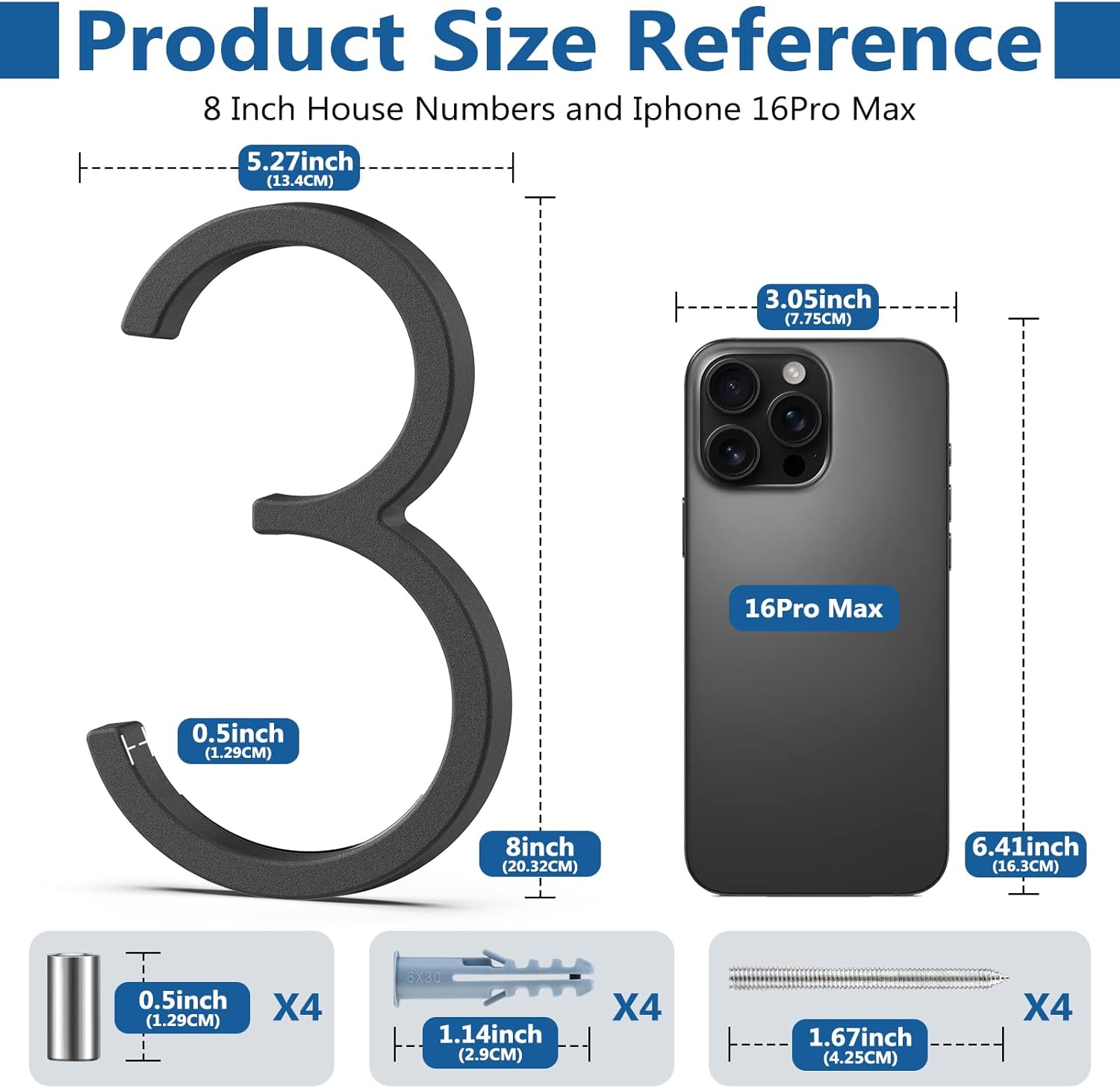 QPMWDBSZ 8 Inch Floating House Numbers, Modern Metal Address Numbers for Outside, Zinc Alloy Black Anti-Rust Mailbox Number with Nail Kit for Garden Front Door Apartment Signage, Easy to Install (3)