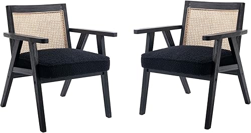 Miniatura 8 de Silla moderna de ratán, sillas tapizadas de piel sintética negra con respaldo de bastón, silla de caña moderna retro de mediados de siglo para