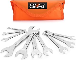 FORCA Super Thin Open End Wrench Set 10 Pieces Metric, 5.5mm to 27mm, Mirror Polished Thin Wrenches Set Slim Spanner with Rolling Pouch