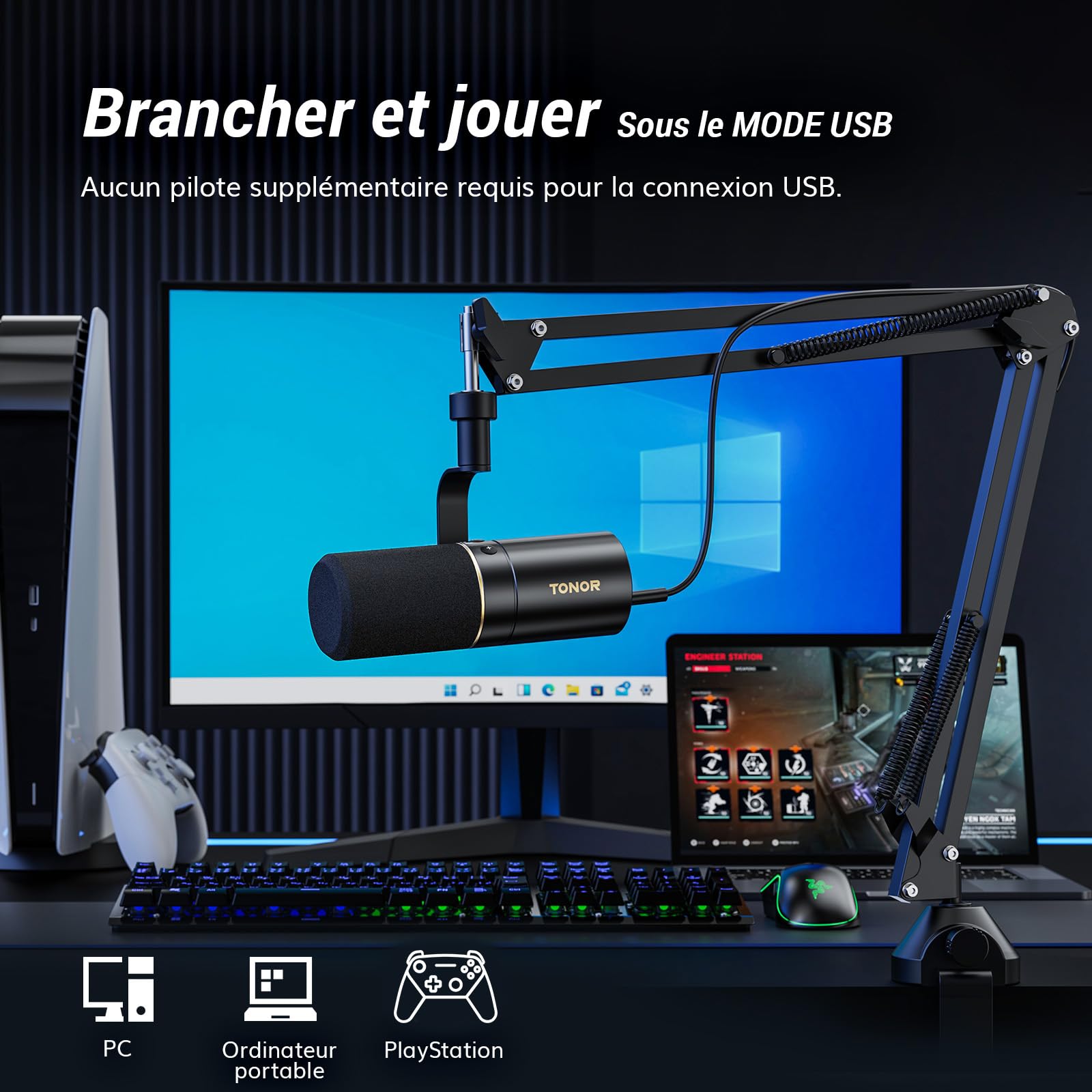 TONOR Micro Cardioïde Dynamique USB/XLR avec Bras de Support pour PC, Microphone de Studio pour Podcasting, Gaming, Streaming, Enregistrement Vocal avec Prise Casque 3,5 mm, Bouton Mute, 200cm, TD510+