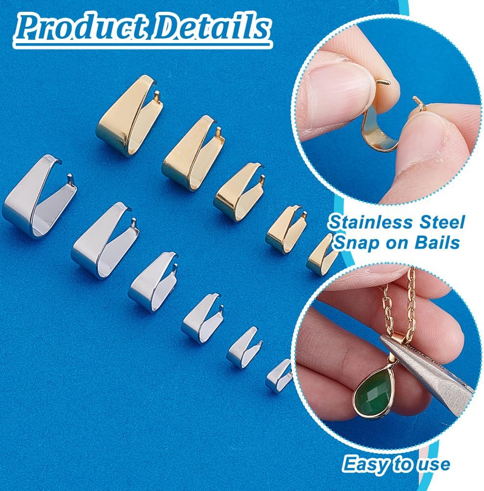 PH PandaHall 148pcs 6 Sizes Pinch Bails Snap on Bails Necklace Bails Pendant Connectors Stainless Steel Clip Links Charm Attachment Clasps for Jewelley Making DIY Crafts 6~13.5mm, Golden & Silver image 4