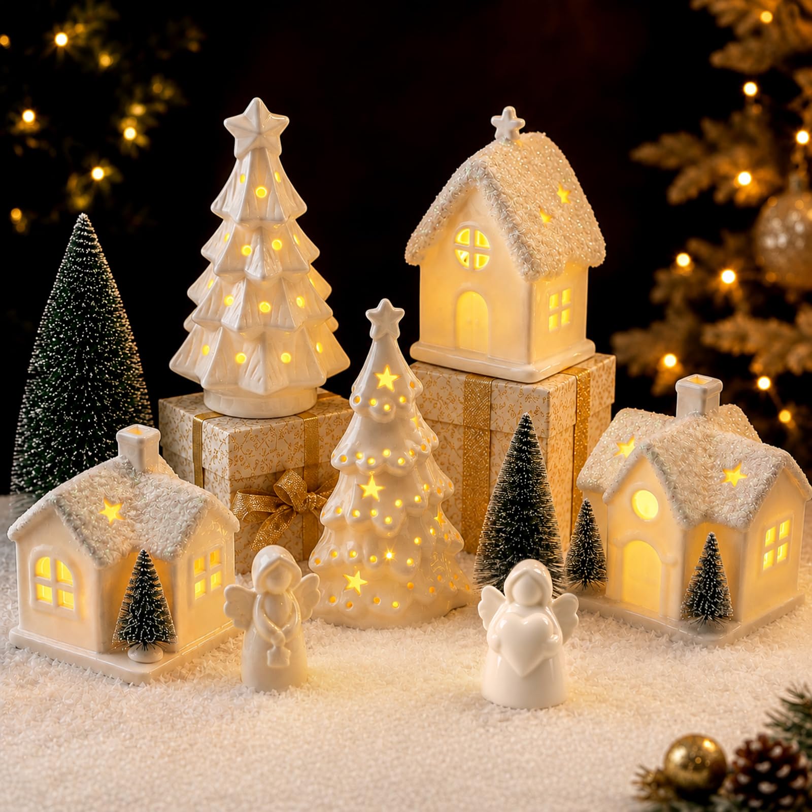 12Stk Weihnachtsdorf mit Beleuchtung,Weihnachtshaus Beleuchtet,Keramik Weihnachtsdeko innen,3*beleuchtete Weihnachtshäuser & 2*Weihnachtsbäume & 2*Engel,Deko Weihnachtsdorf mit Beleuchtung für Tisch