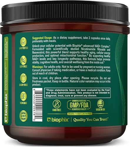 Miniatura 9 de biophix Suplemento liposomal NAD+ para mujeres y hombres, 1000 mg por porción, ribósido de nicotinamida, resveratrol micronizado y complejo de