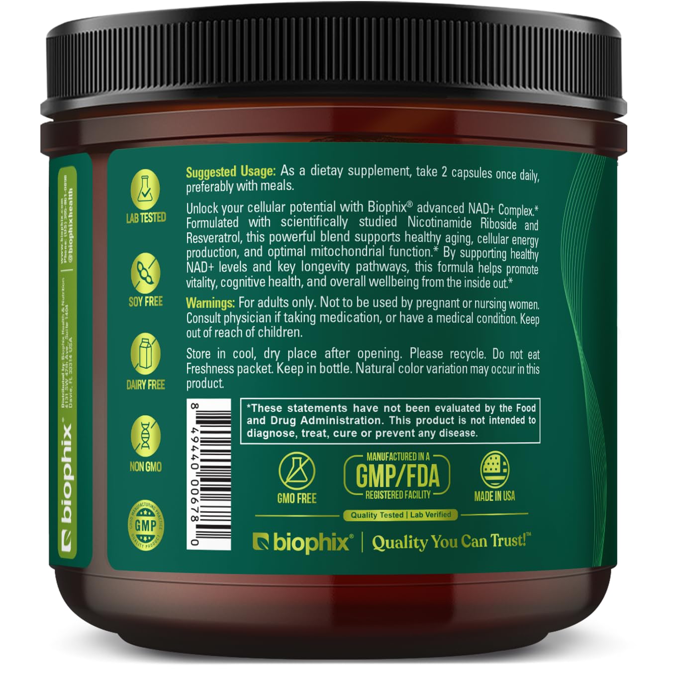 biophix NAD+ Liposomal Supplement for Women & Men - 1000 mg per Serving - Nicotinamide Riboside, Micronized Resveratrol & Quercetin Complex - 100 Veg Capsules Gluten-Free, cGMP Certified — Amazon image 9