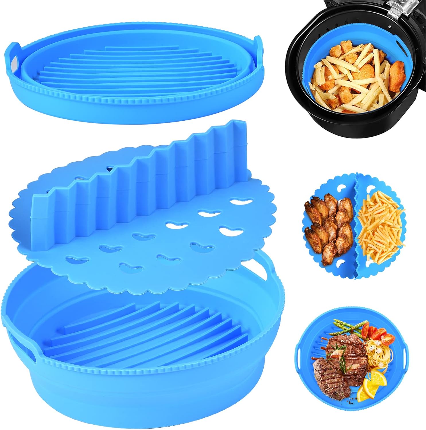 Foldable Round Silicone Air Fryer Liner, 8.4 Inch Reusable Round Air Fryer Basket with Separator
